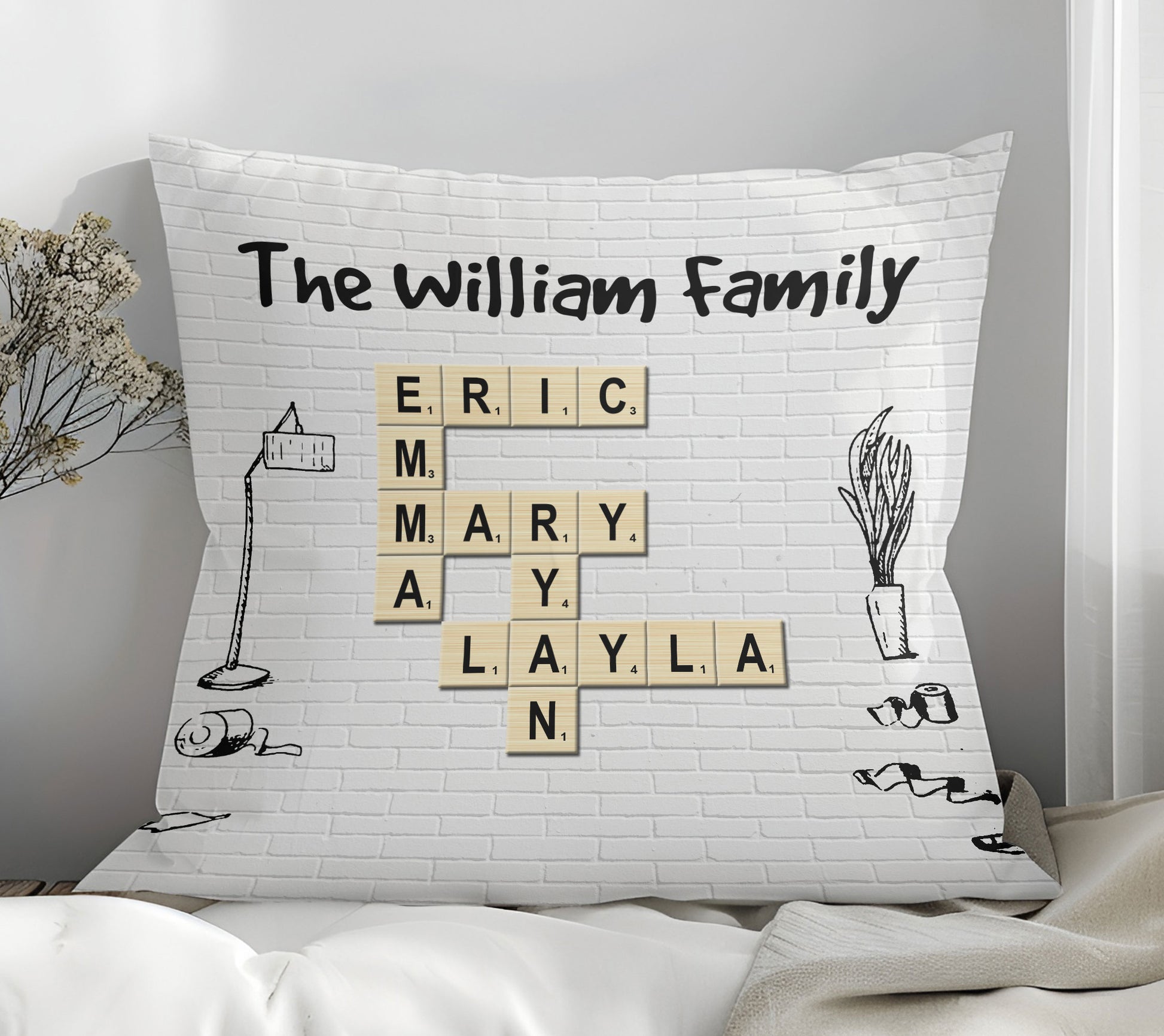 Personalized Family Cartoon Crossword Pillow with Names
