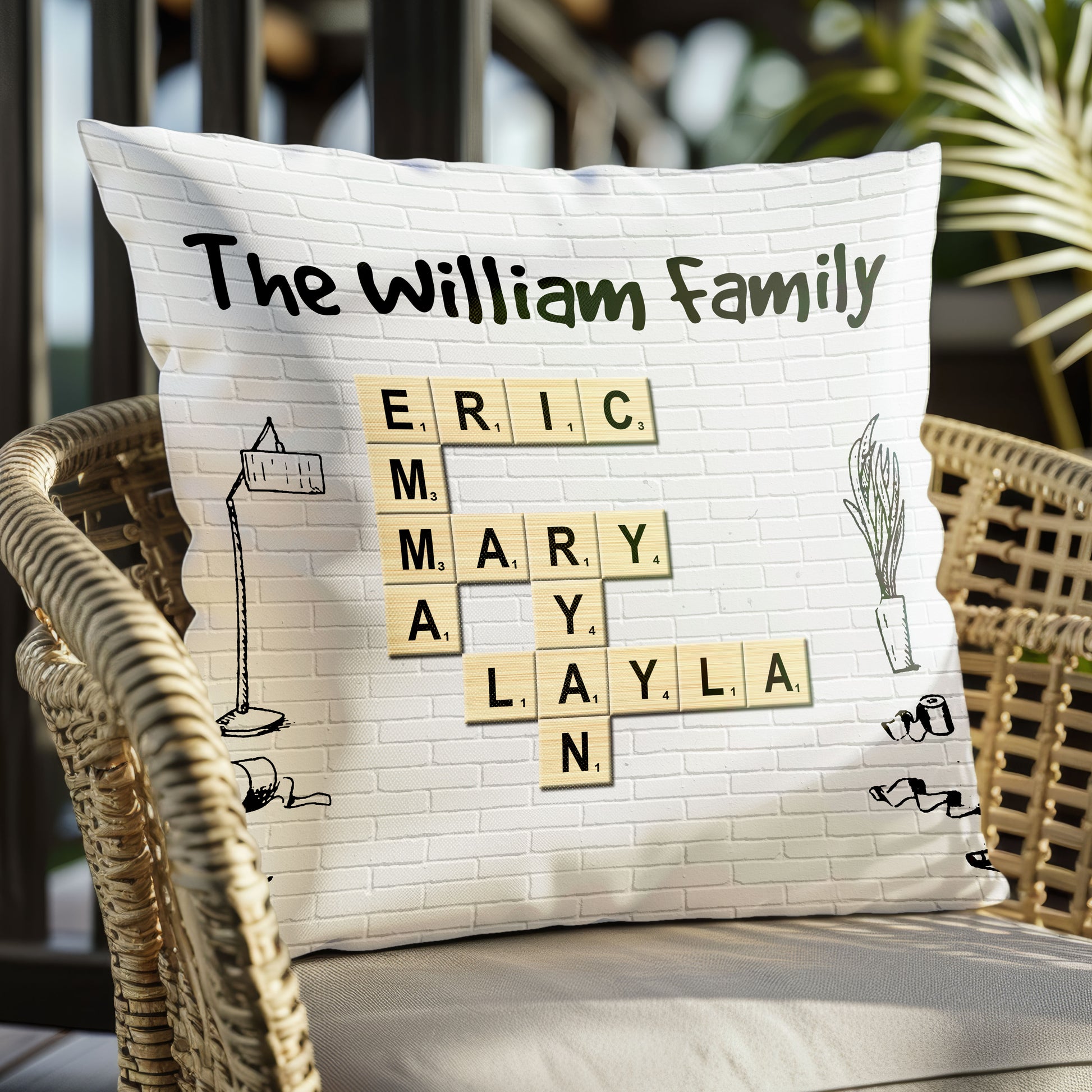 Personalized Family Cartoon Crossword Pillow with Names and Cartoon Characters for Christmas Gift