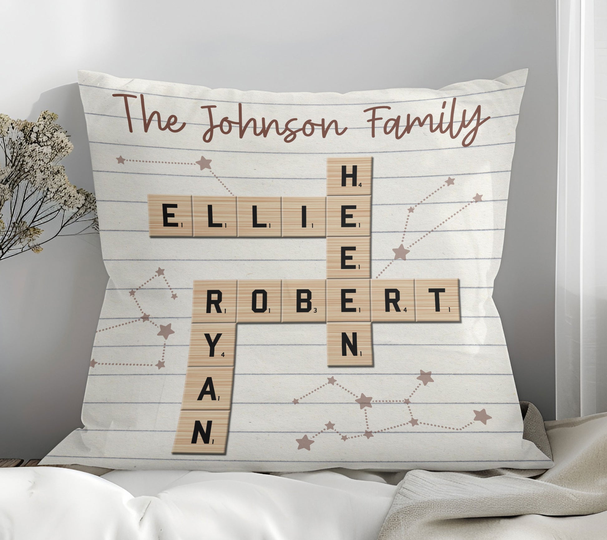Personalized Family Puzzle Art Pillow with Names and Cartoon Characters

