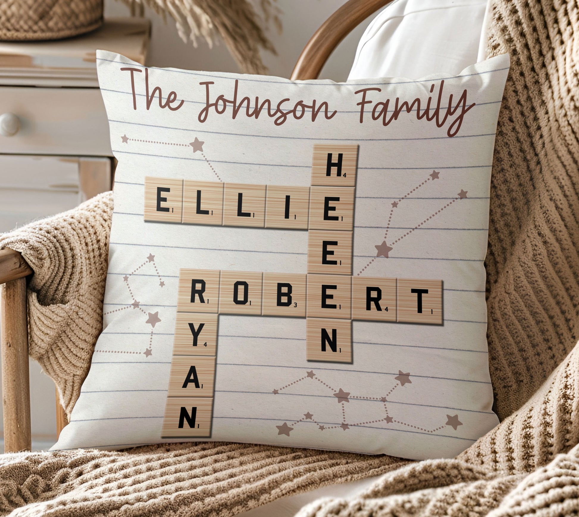 Personalized Family Scrabble Puzzle Art Pillow with Names and Initials
