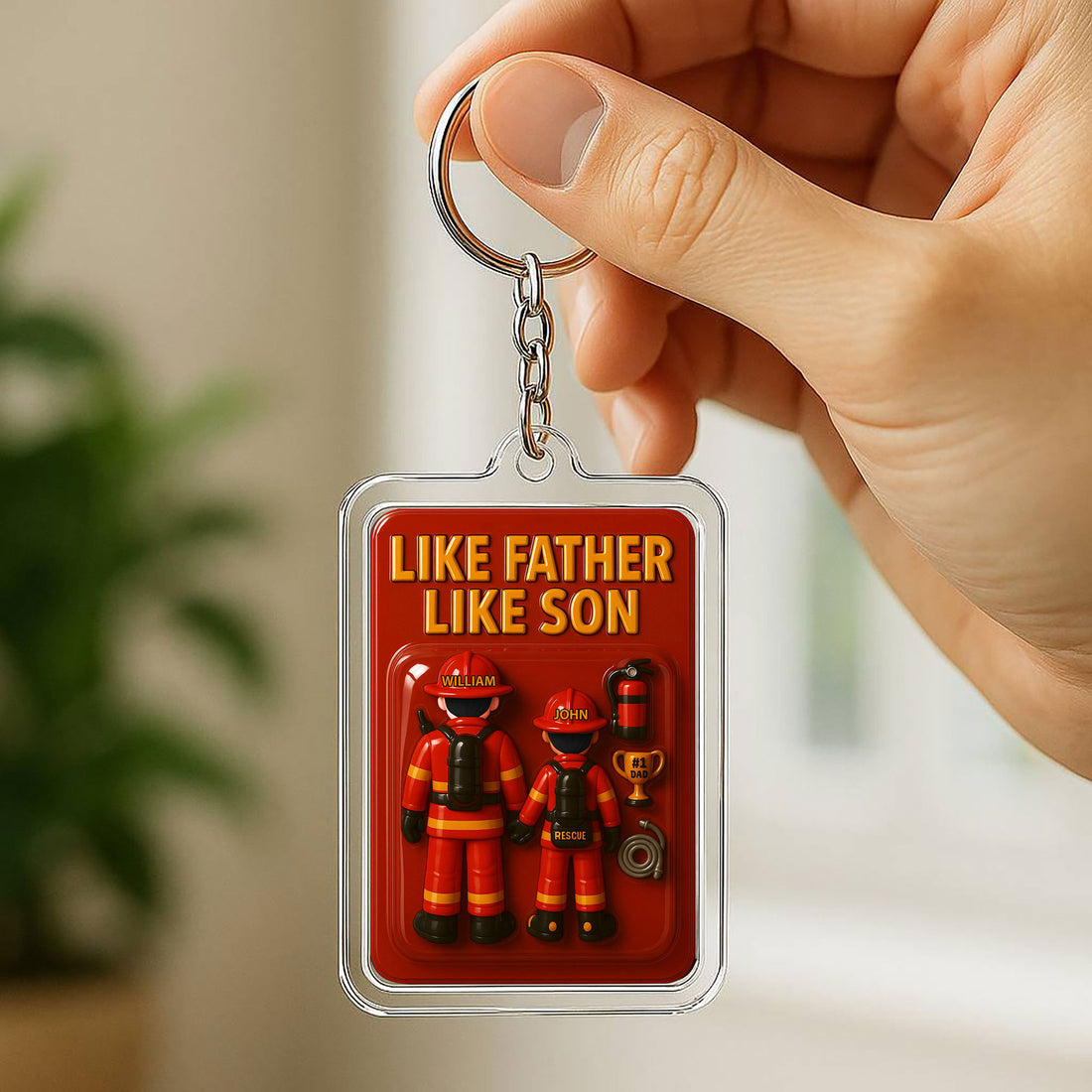 Personalized Firefighter Father Son Father's Day Gift Acrylic Keychain - Custom Firefighter Dad and Son Father's Day 3D Keychain