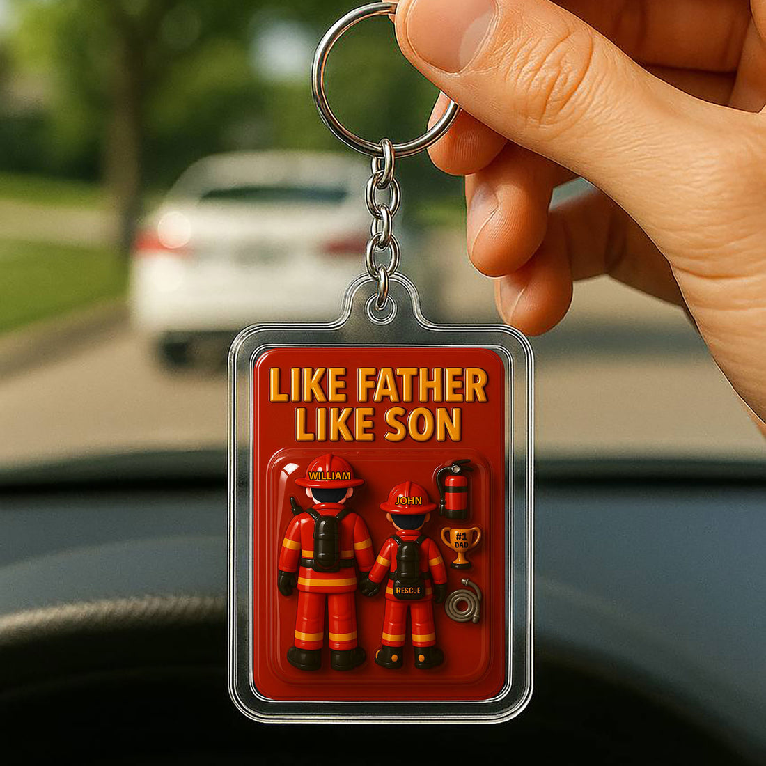 Personalized Firefighter Father Son Father's Day Gift Acrylic Keychain - Custom Firefighter Dad and Son Father's Day 3D Keychain