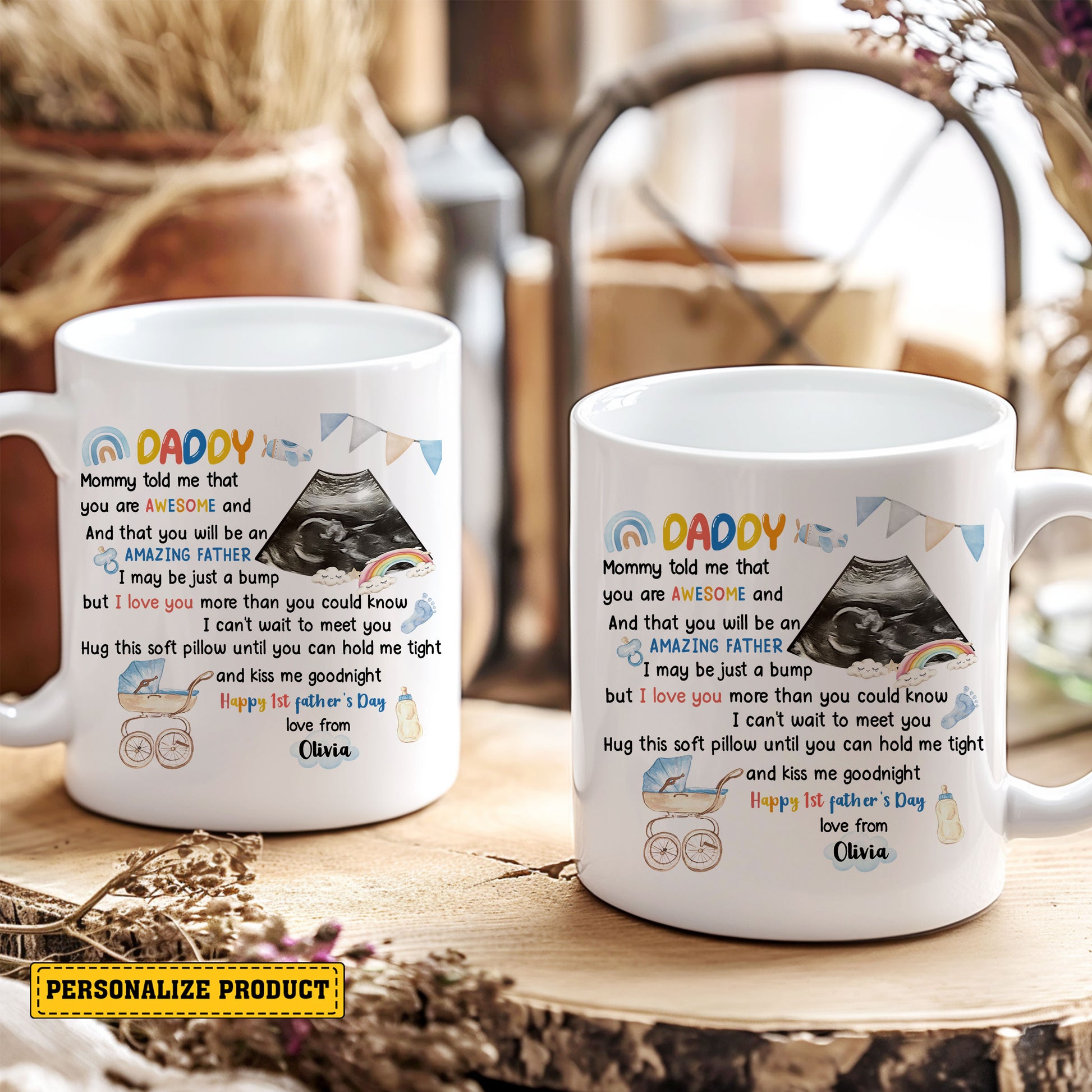 Personalized First Father’s Day Ceramic Mug – Dear Daddy Gift from Baby Bump with Ultrasound Picture and Message – Custom New Dad Life Gift Idea

