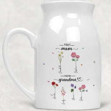 Personalized "First Mom, Now Grandma" Vase with Grandchild's Name and Birth Flower