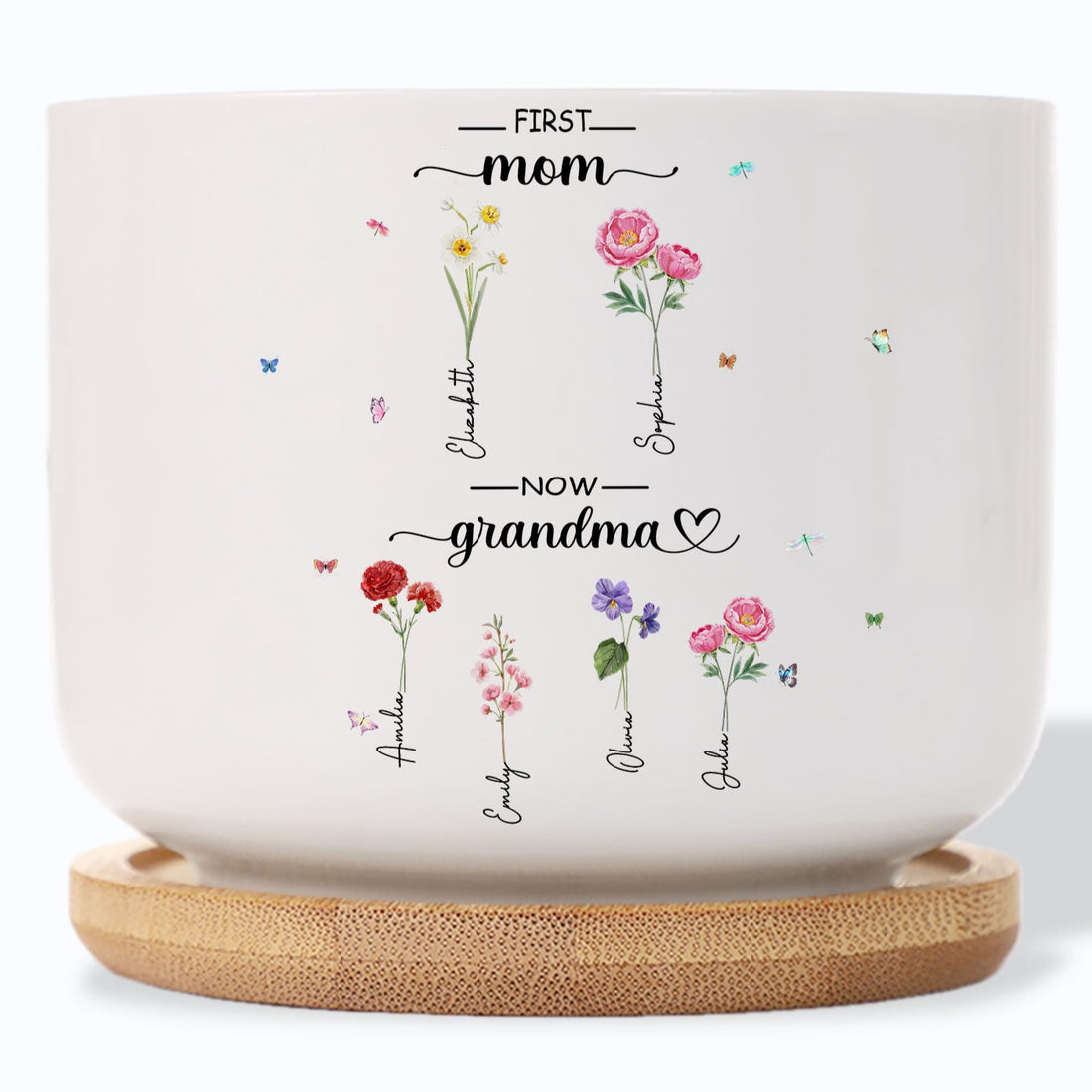 Personalized "First Mom, Now Grandma" Vase with Grandchild's Name and Birth Flower Plant Pot