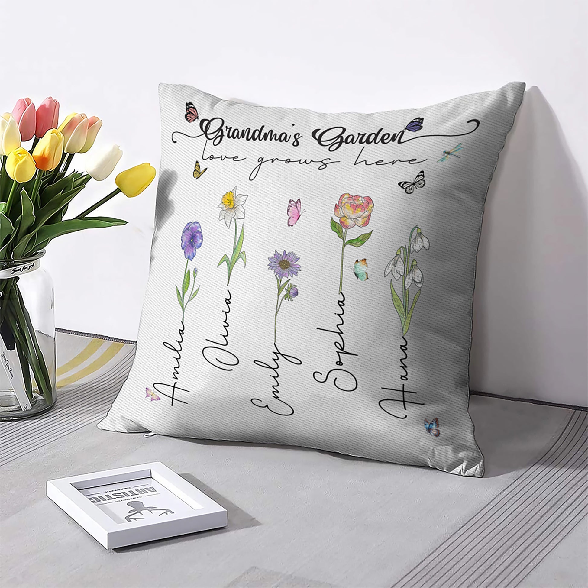 Personalized Garden Themed Pillow With "love Grows Here" Message And All Grandchildren's Names