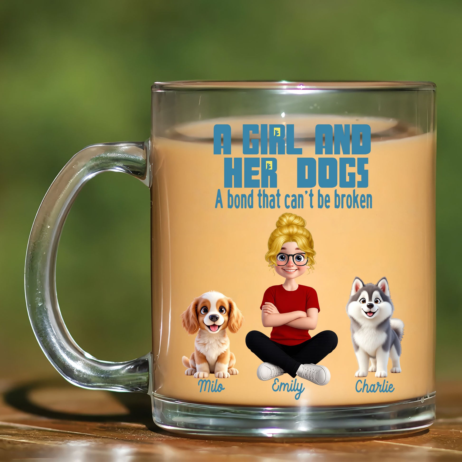 Personalized Glass Coffee Mug - A Girl and Her Dogs Theme
