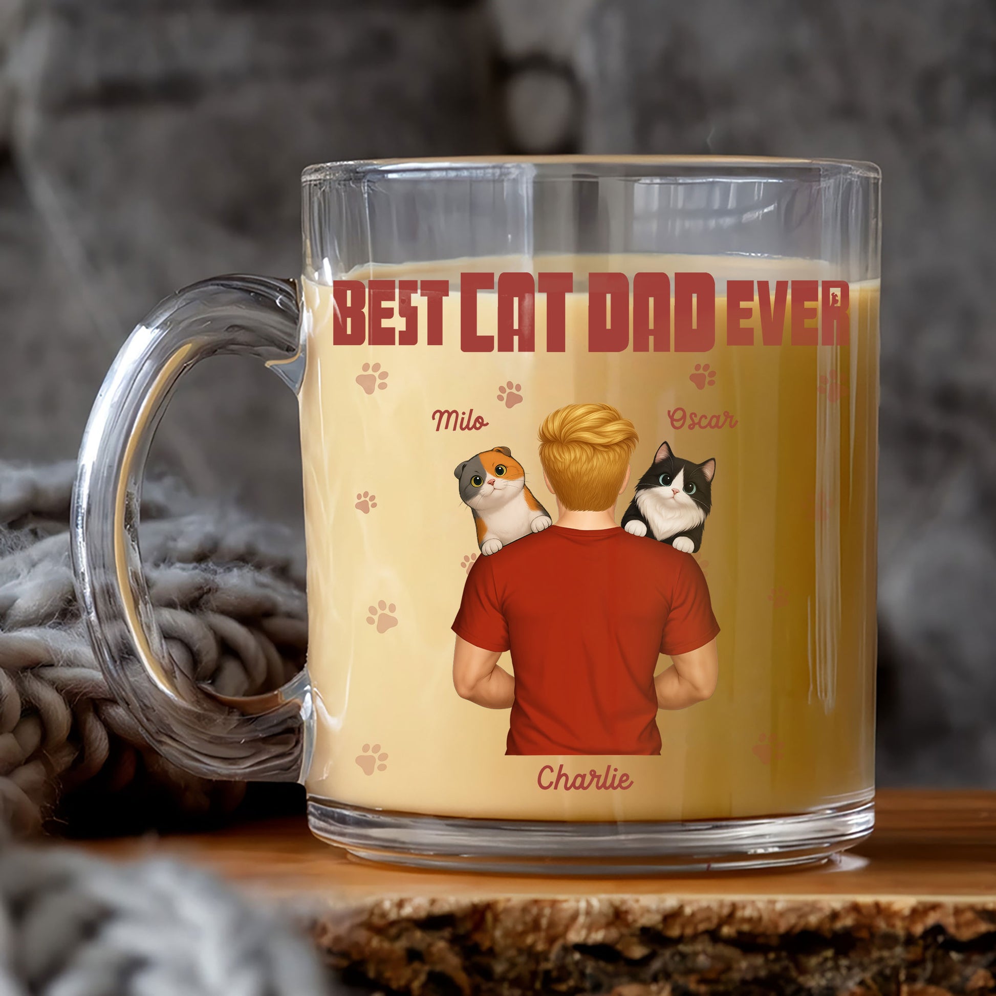 Personalized Glass Mug for Cat Lovers: 'Best Cat Dad Ever' Design. Add His & Cats' Names for a Special, Clear Gift