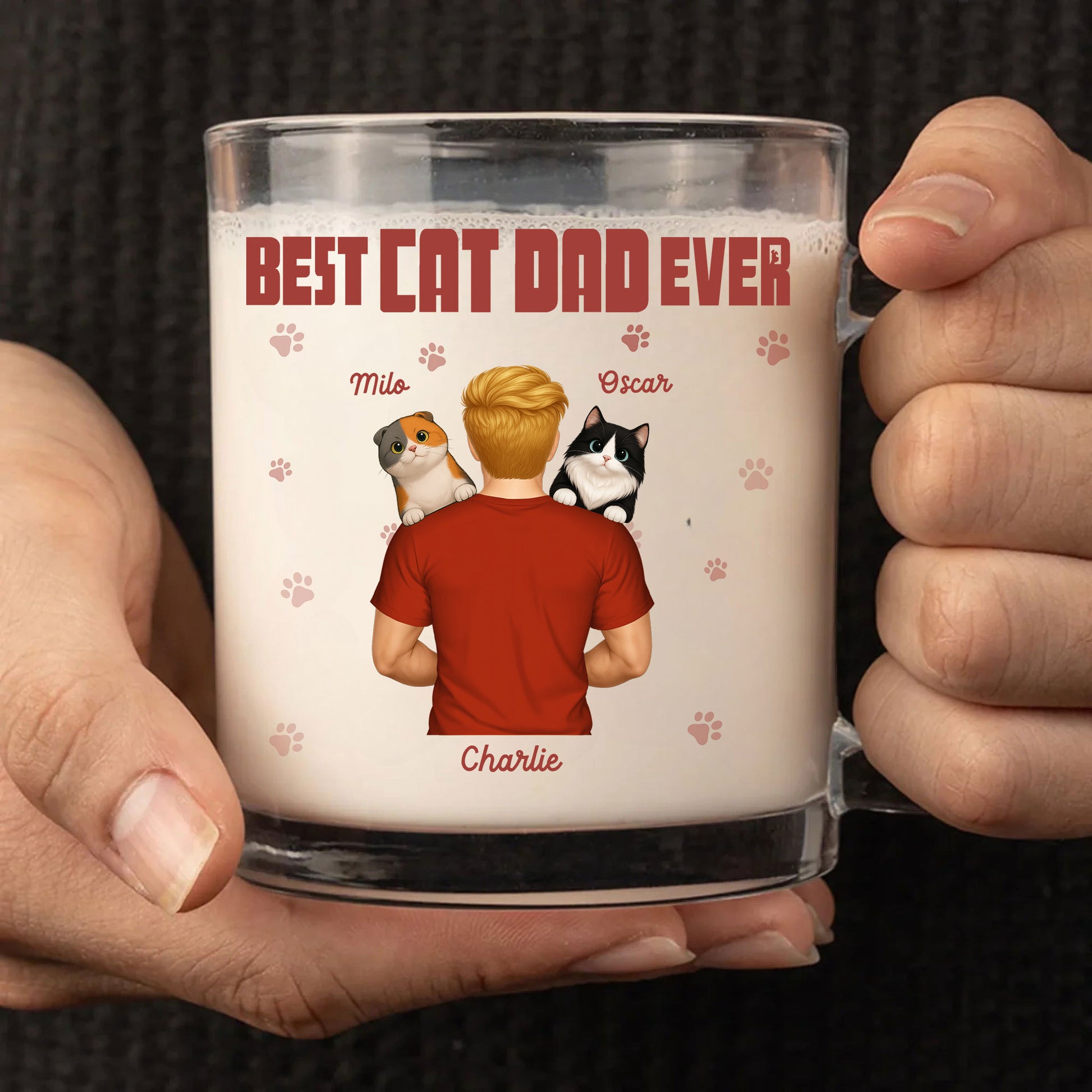 Personalized Glass Mug for Cat Lovers: 'Best Cat Dad Ever' Design. Add His & Cats' Names for a Special, Clear Gift