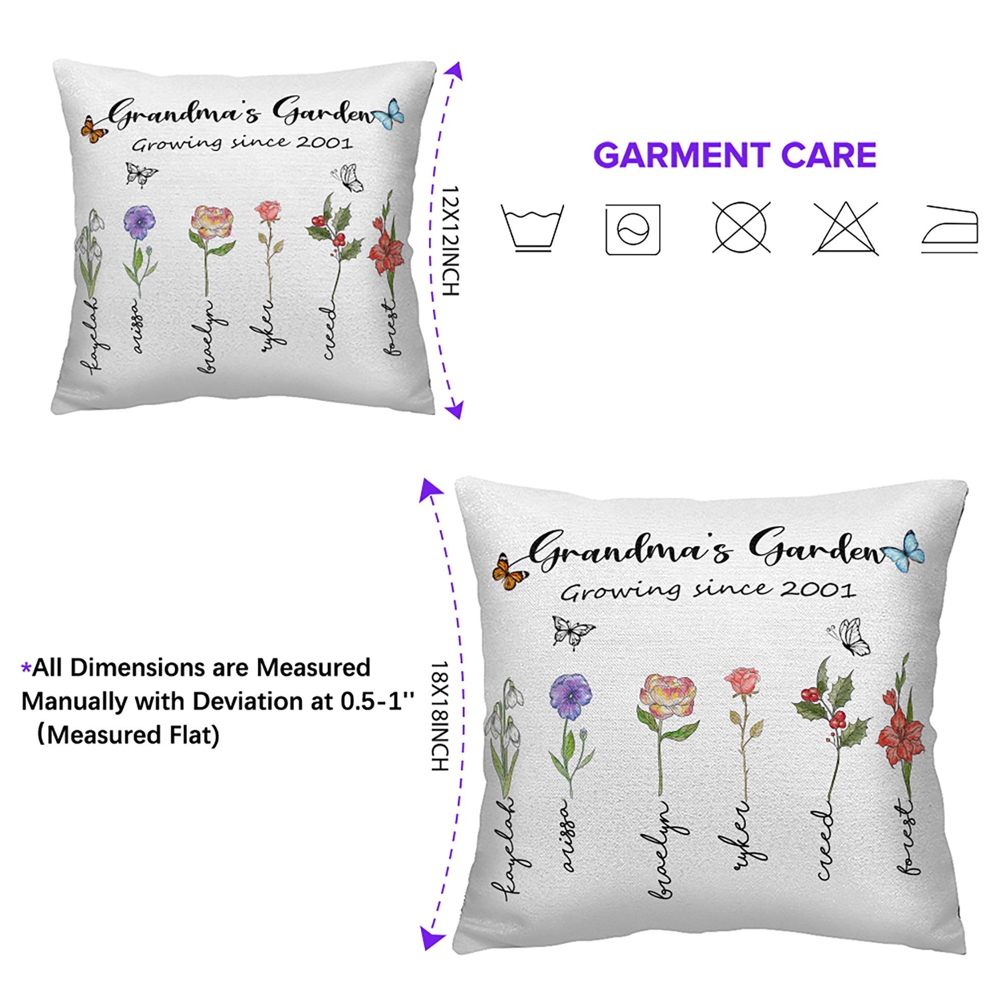 Personalized Grandma's Garden Pillow From Grandchildren With Names And Birth Flowers

