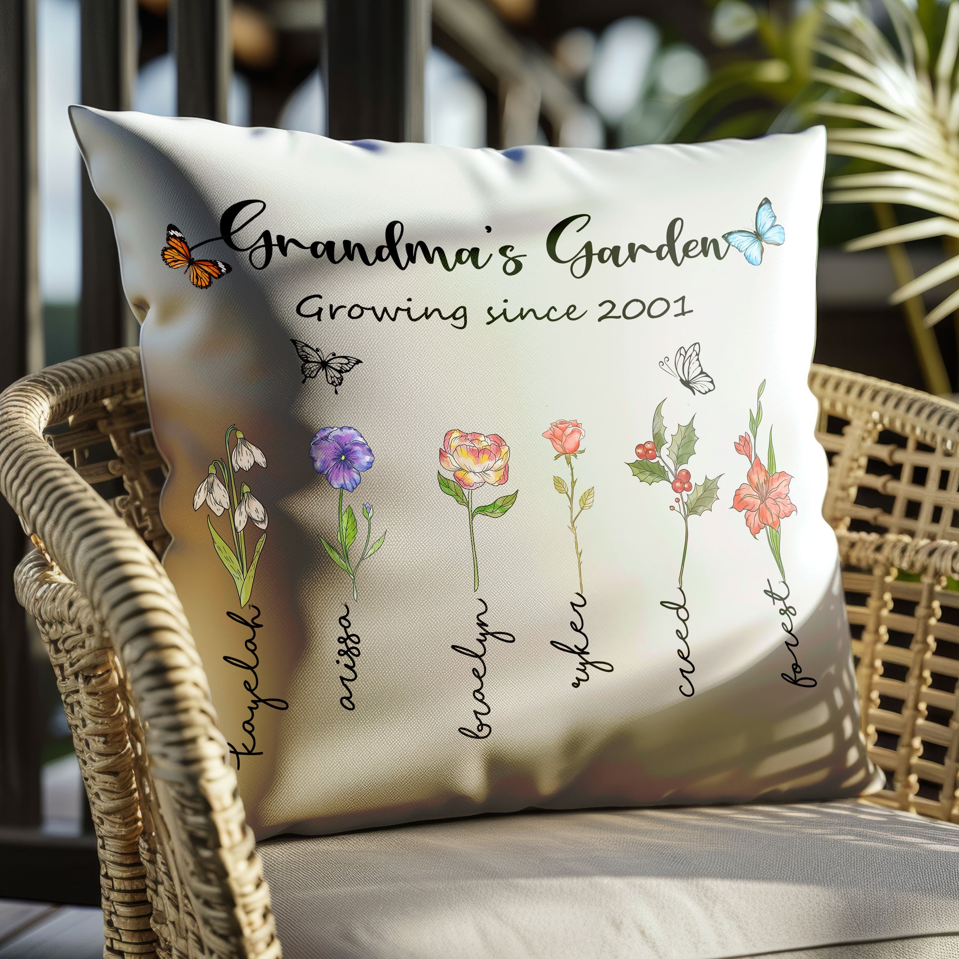 Personalized Grandma's Garden Pillow With Embroidered Name And Birth Flower

