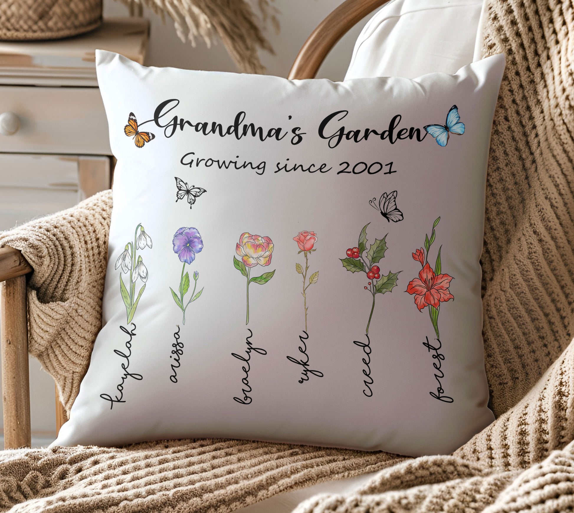 Personalized Grandma's Garden Pillow With Multiple Grandchild Names


