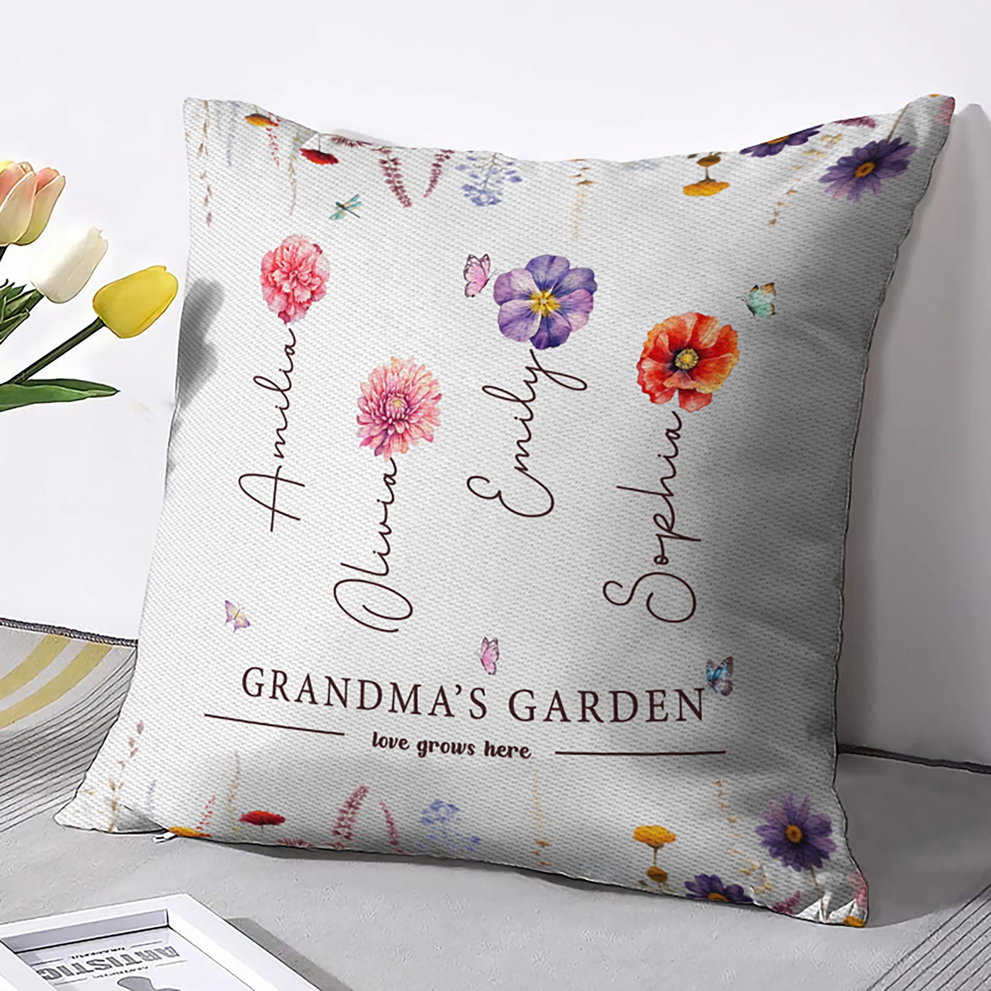 Personalized Grandma's Garden Pillow for Mother's Day with Grandchild's Name and Birth Flower