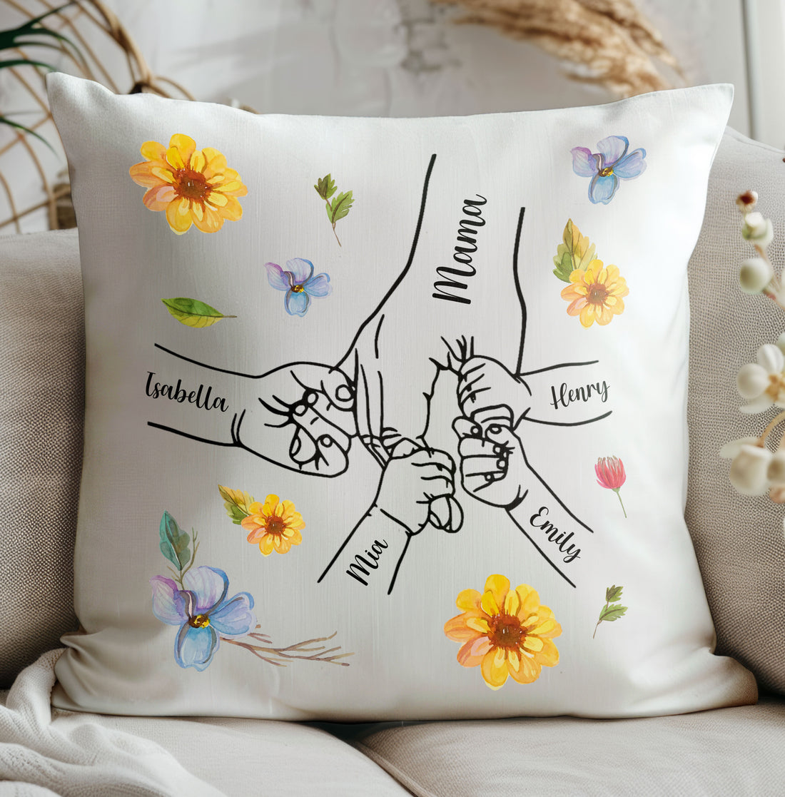 Personalized Hand in Hand Floral Pillow - Fist Bump Pillow
