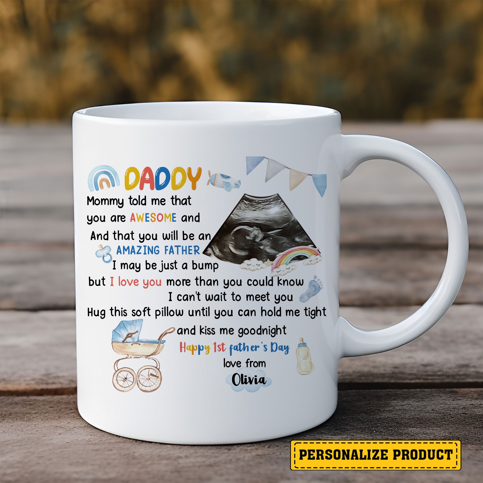 Personalized Happy First Father’s Day Ceramic Mug with Ultrasound and Letter from Bump – Custom New Dad Gift for Dad Life Moments and Emotional Keepsake