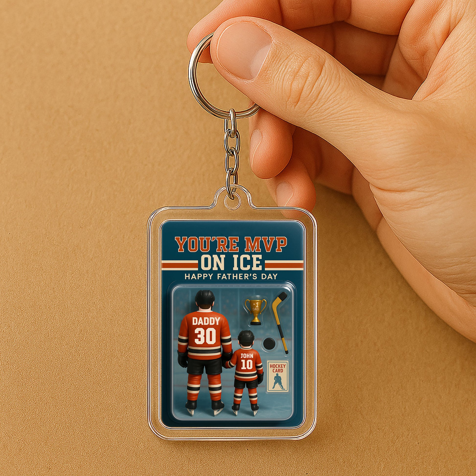 Personalized Hockey Dad Keychain – You’re MVP on Ice 3D Acrylic Gift for Father’s Day – Custom Name and Jersey Number