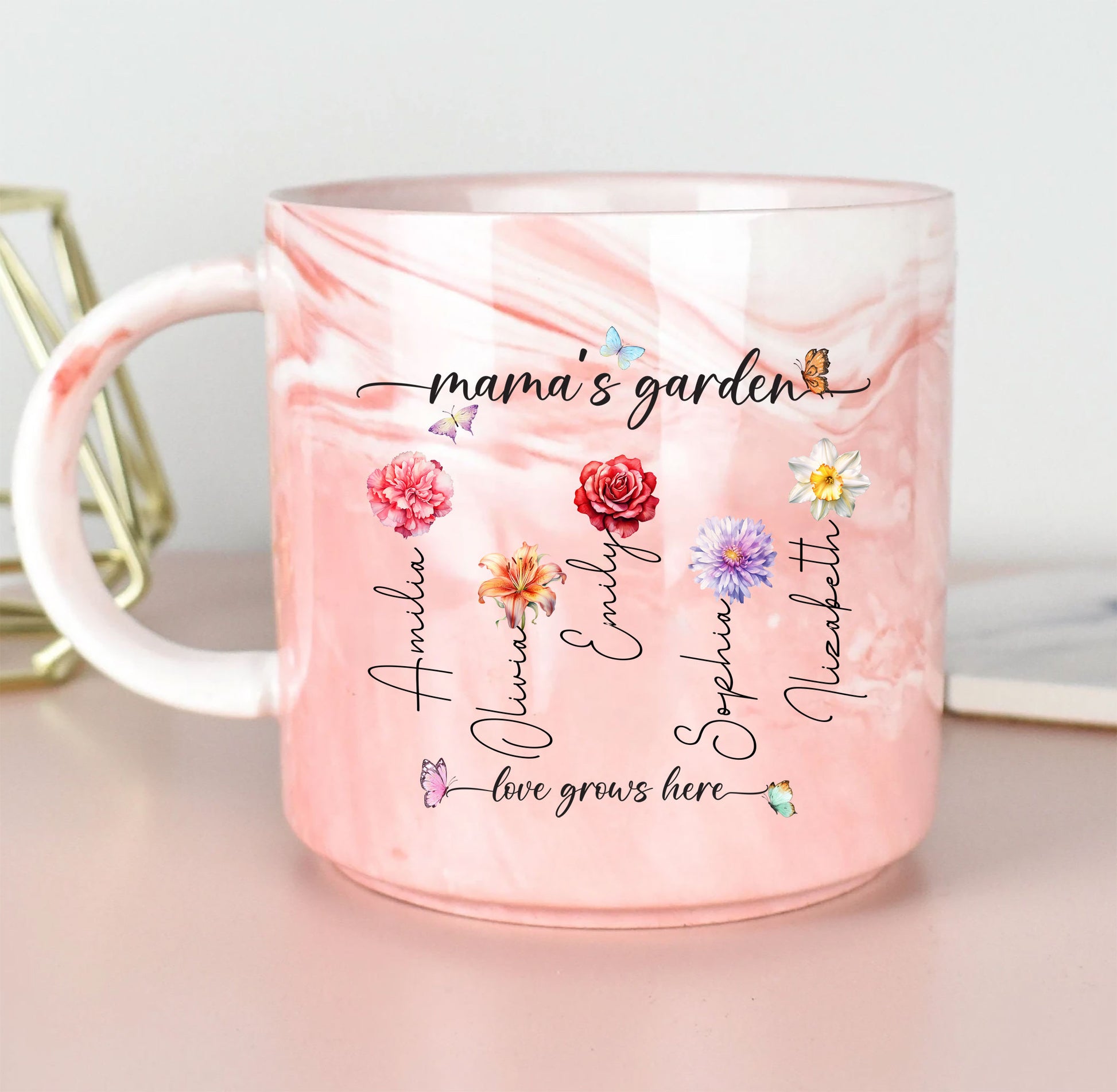 Personalized Mama's Garden Birth Flower Marble Mug Gift for Mom

