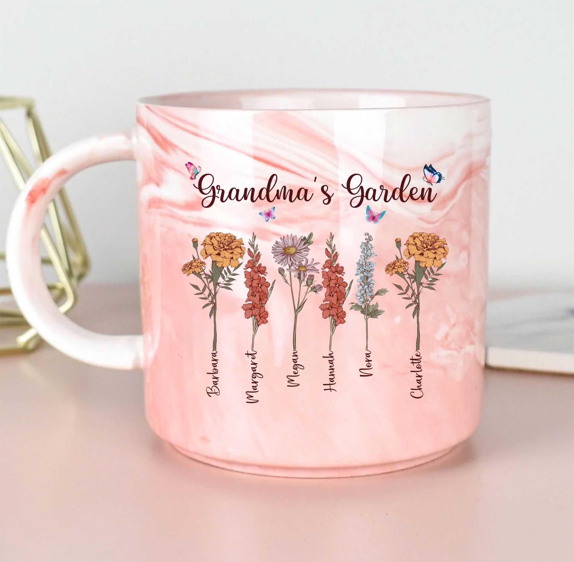 Personalized Marble Mug with Grandchild's Name and Birth Flower for Grandma

