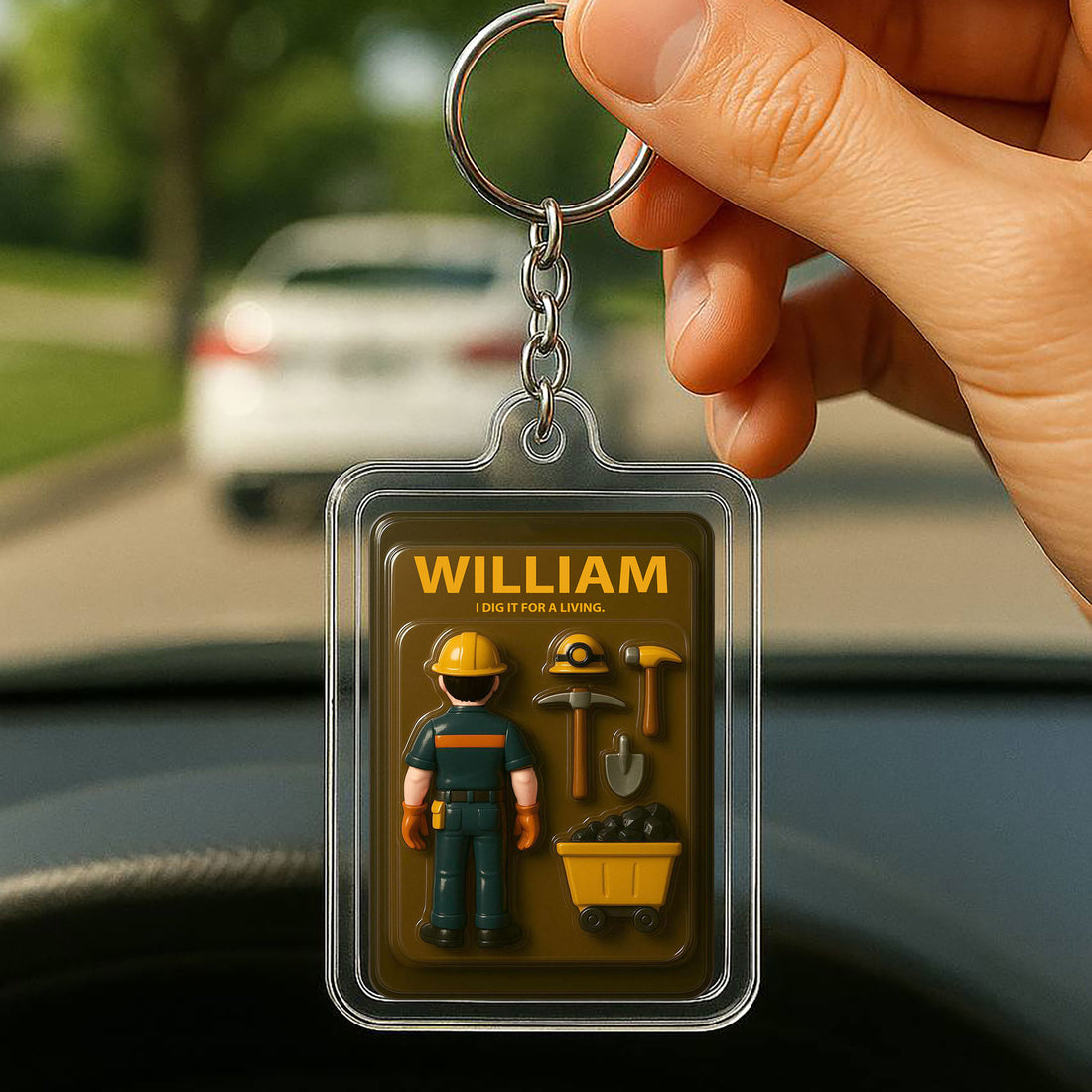 Personalized Miner Father's Day Gift Acrylic Keychain - Custom 3D "I Dig It For A Living" Action Figure Keychain