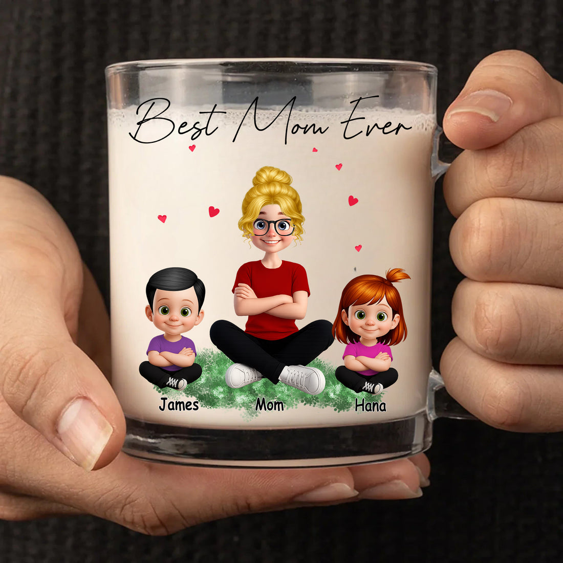 Personalized Mom Mug with Kids Characters - Best Mom Ever: Personalized Glass Mug with Custom Family Characters