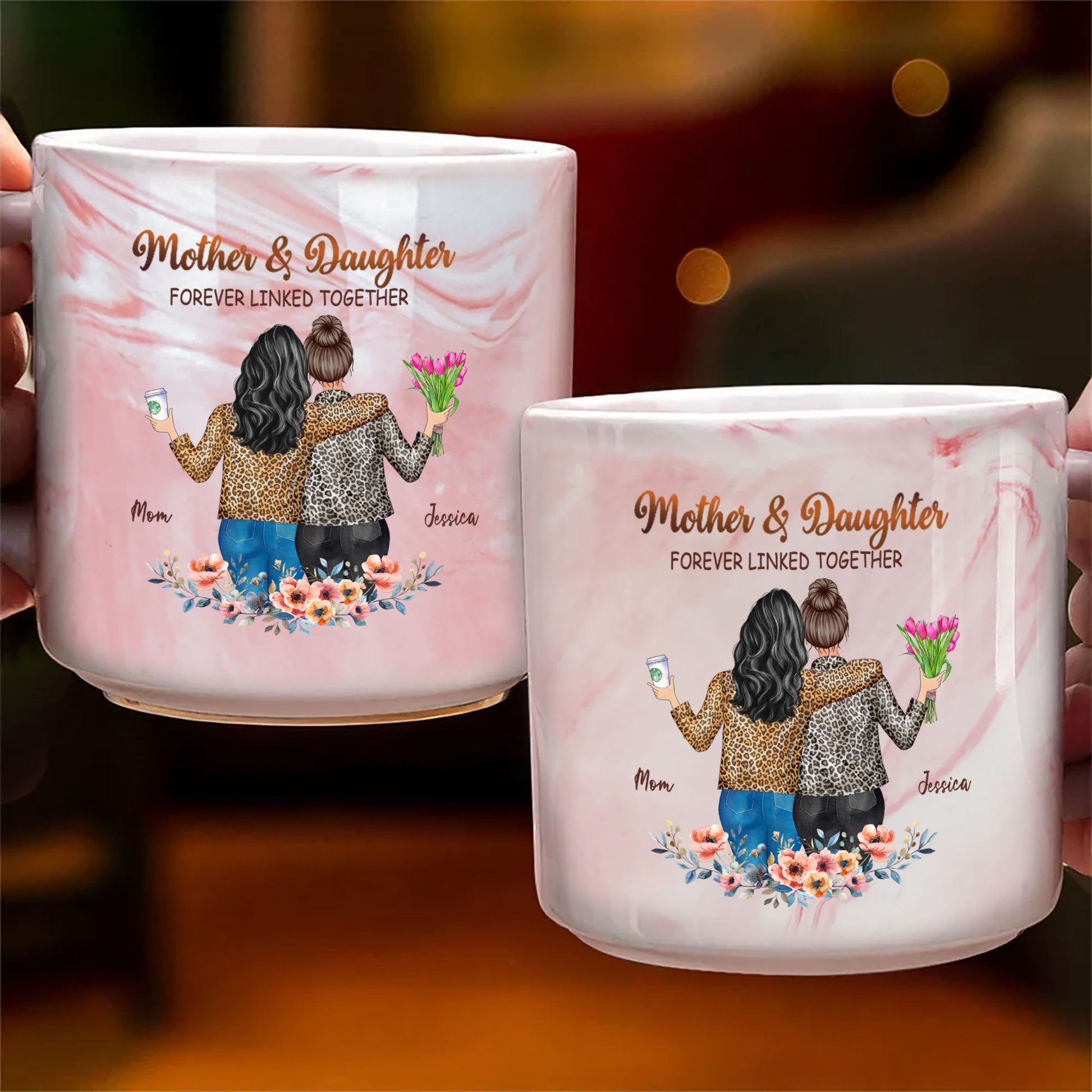 Personalized Mother and Daughter Forever Linked Marble Mug