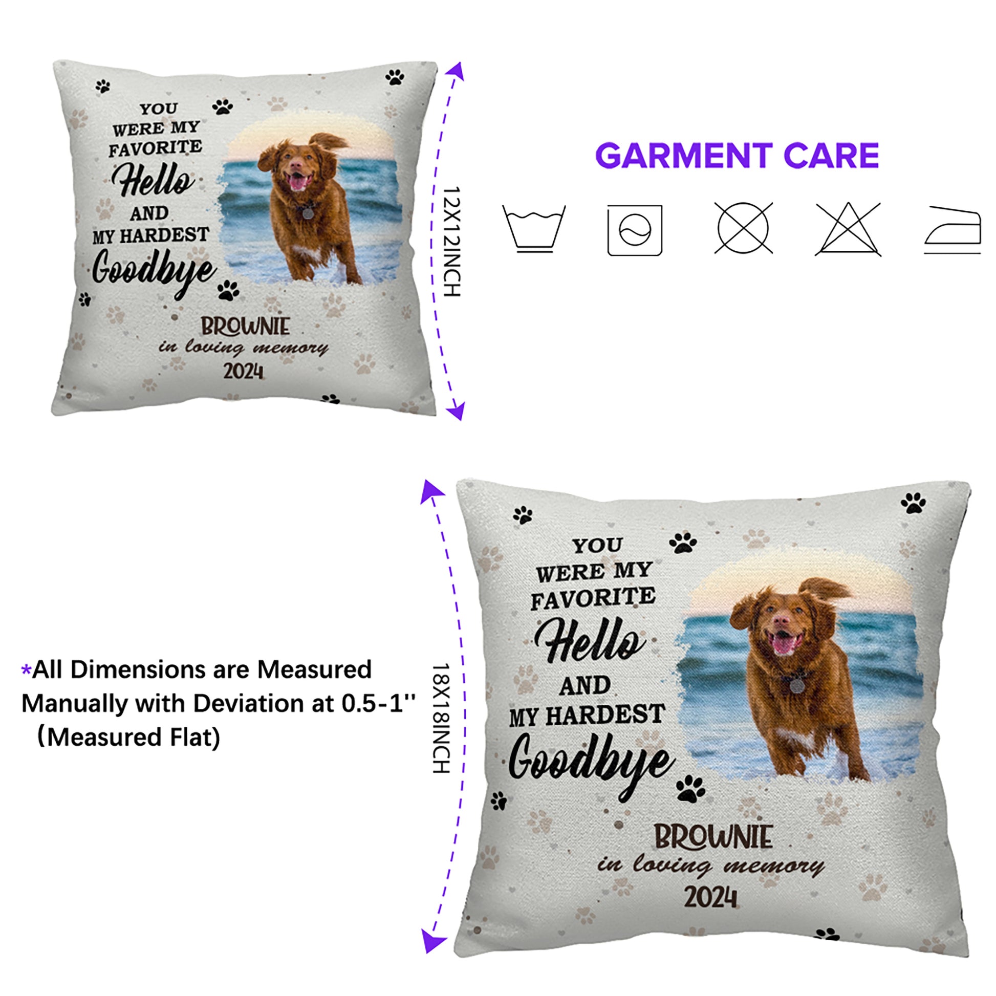 Personalized Pet Photo Memorial Pillow with "You Were My Favorite Hello And My Hardest Goodbye" Quote and Pet's Name