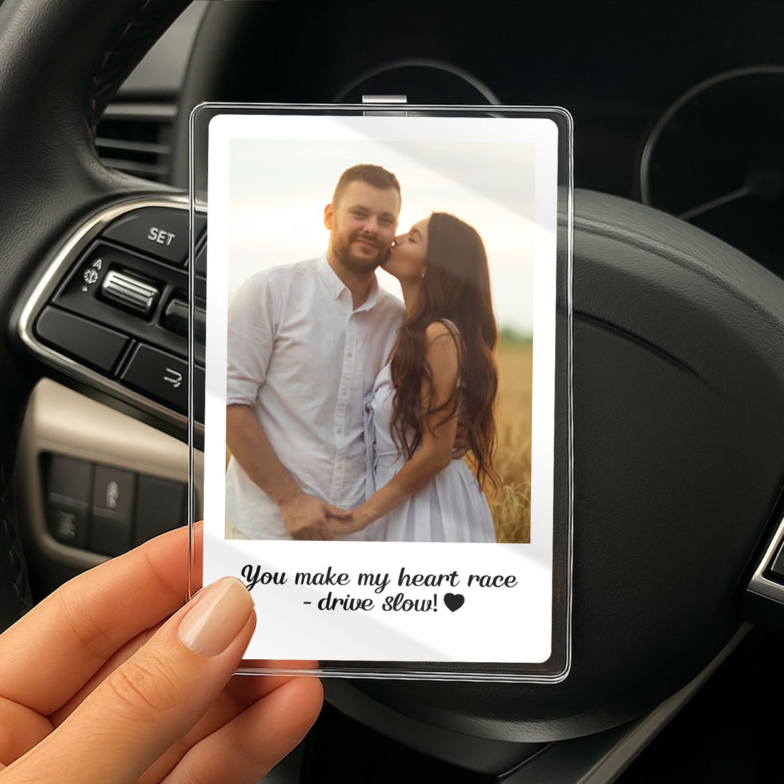 Romantic Personalized Gift for Couples – Custom Photo Car Visor Clip That Says "Drive Slow, Love Awaits at Home