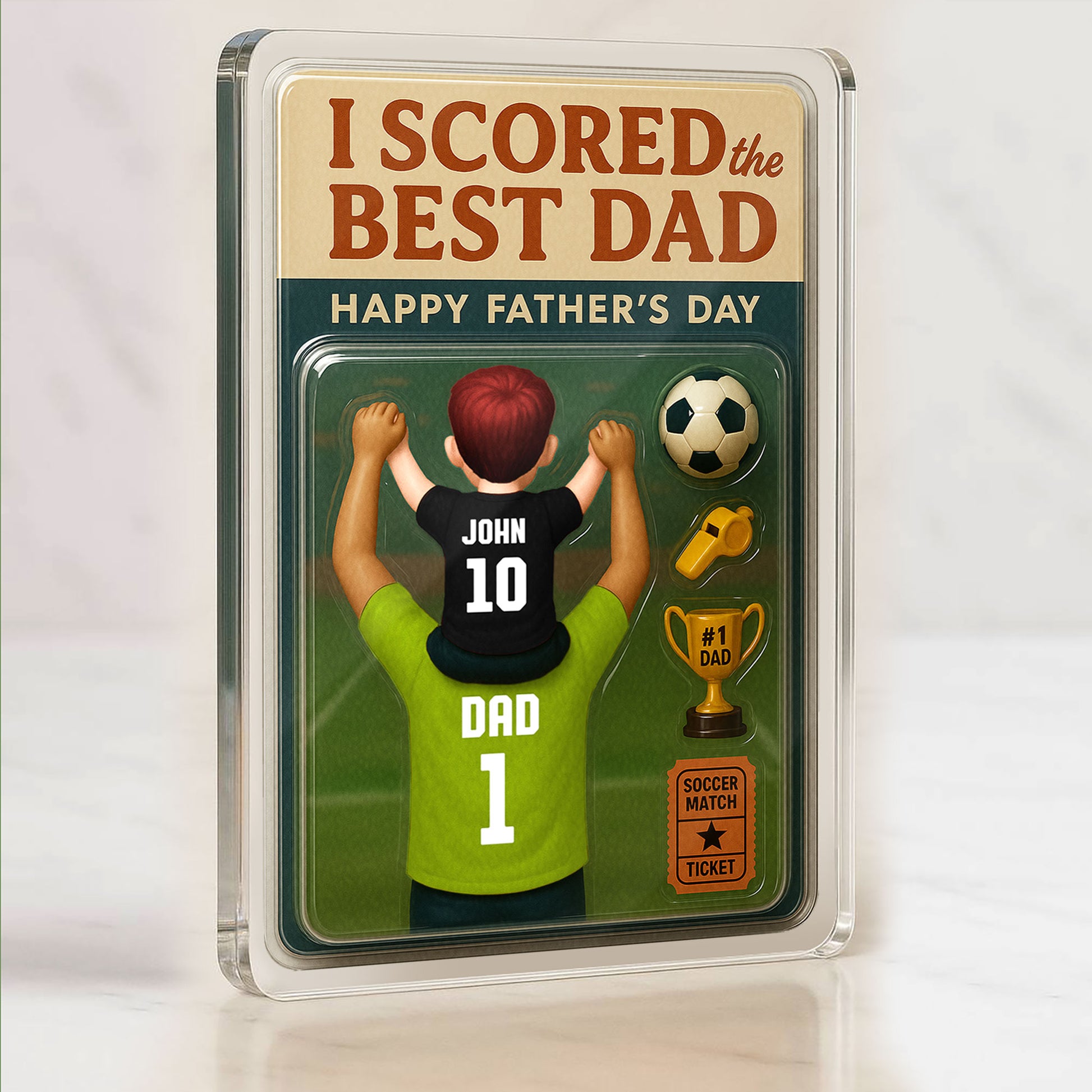 Personalized Soccer Dad and Kid 3D Acrylic Plaque – Custom Father’s Day Gift with Name, Number & Desk Display Style