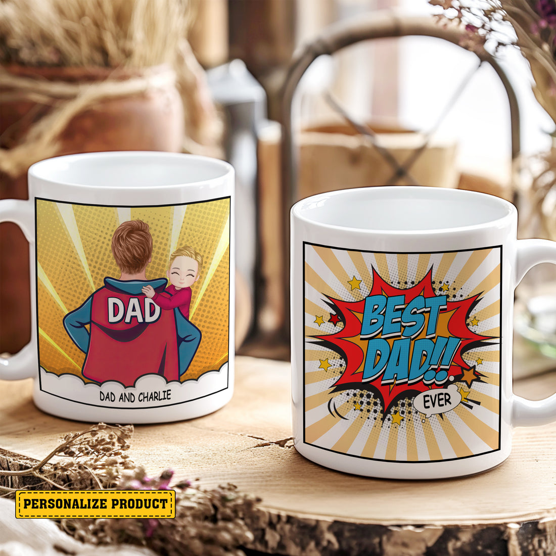 Personalized Superhero Dad & Child Comic Style Mug - Best Dad Ever Personalized Mug with Custom Characters