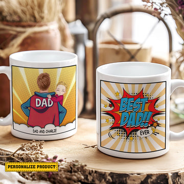 Personalized Superhero Dad & Child Comic Style Mug - Best Dad Ever Personalized Mug with Custom Characters