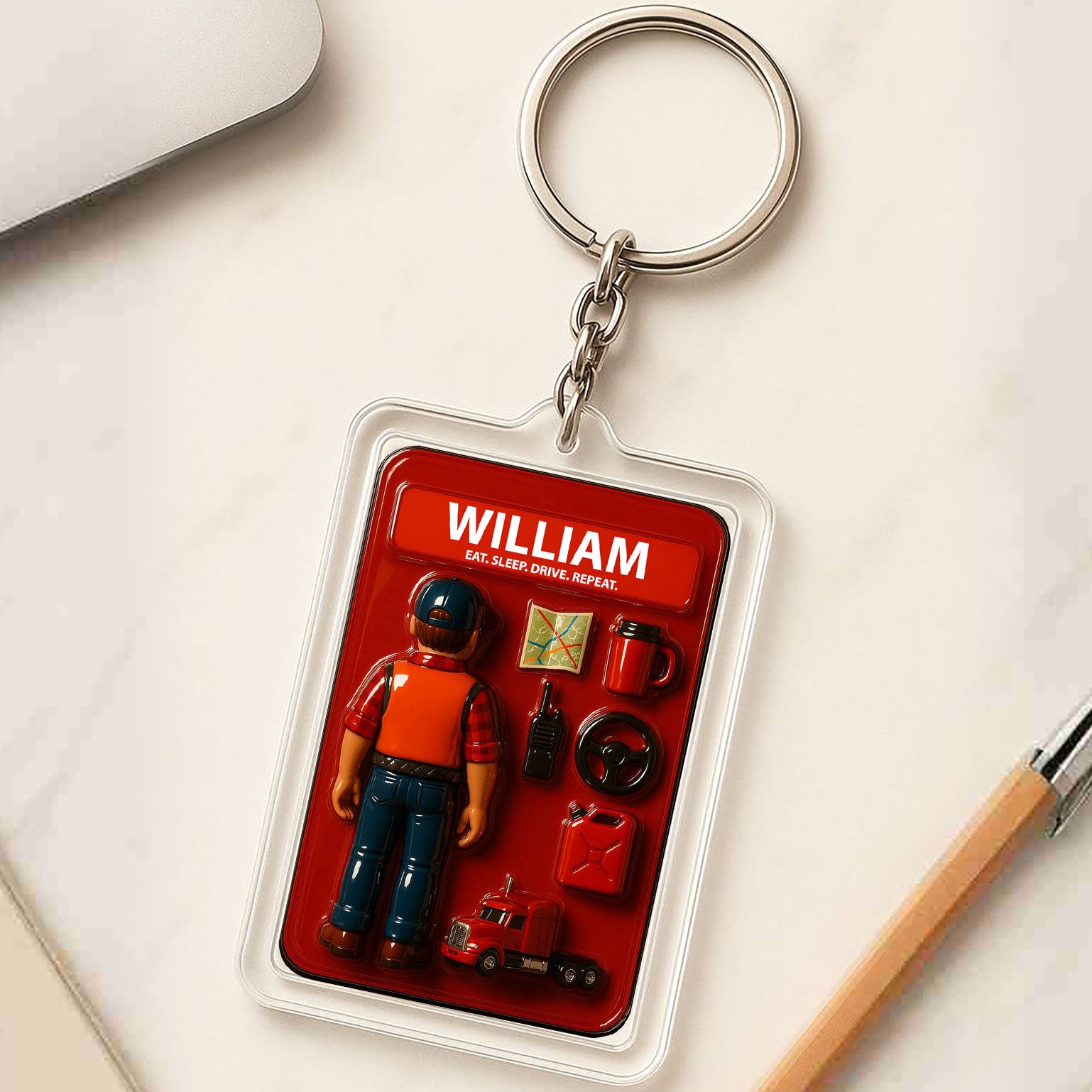 Personalized Truck Driver Father's Day Gift - 3D Style "Eat Sleep Drive" Keychain Custom Name