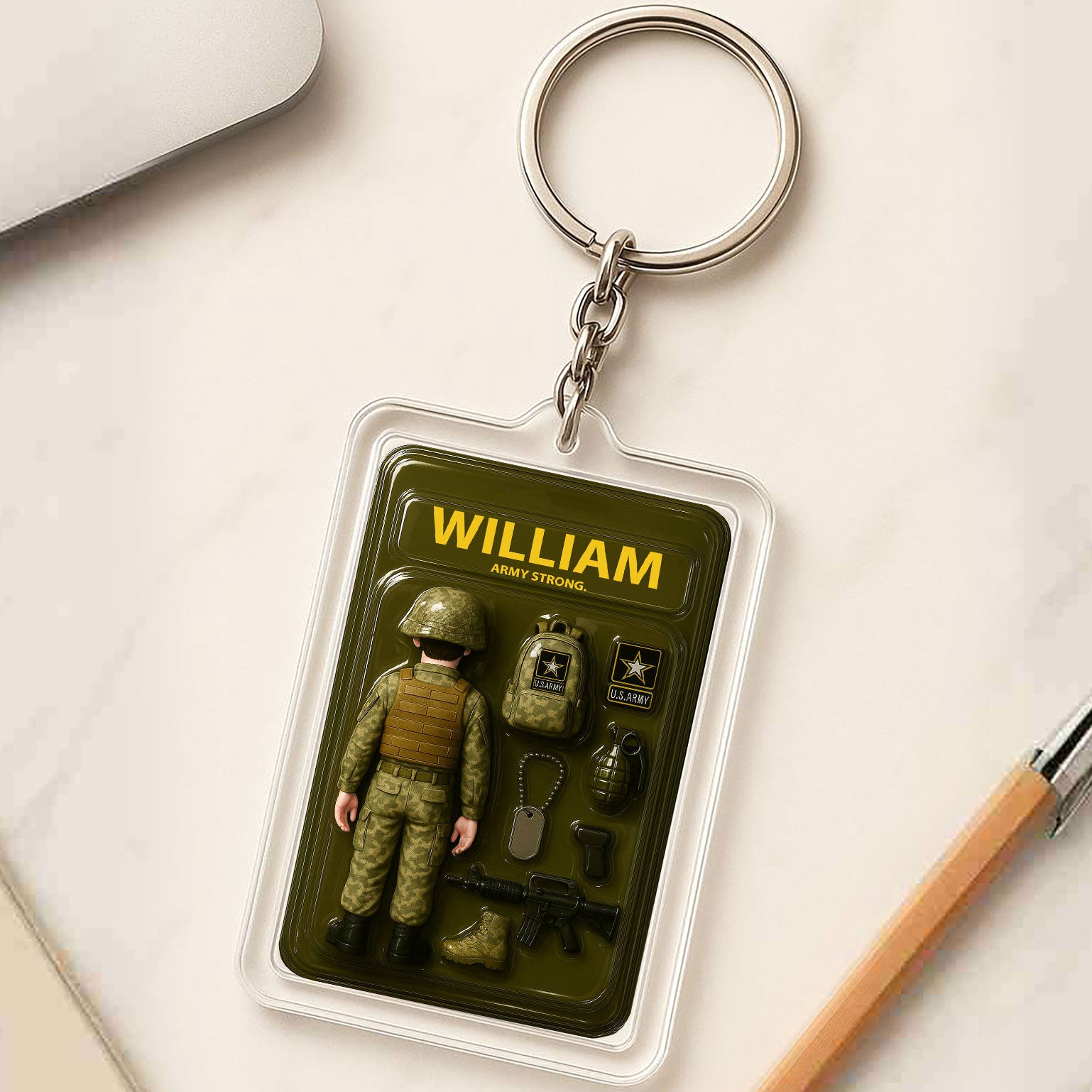Personalized US Army Father's Day Gift - 3D Style Keychain Custom Name