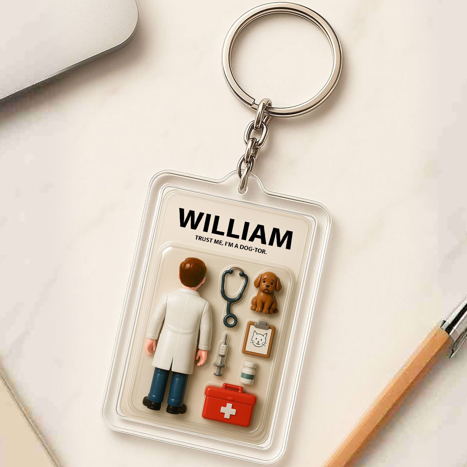 Personalized Veterinarian Father's Day Gift - 3D Style "Dog-tor" Keychain Custom Name