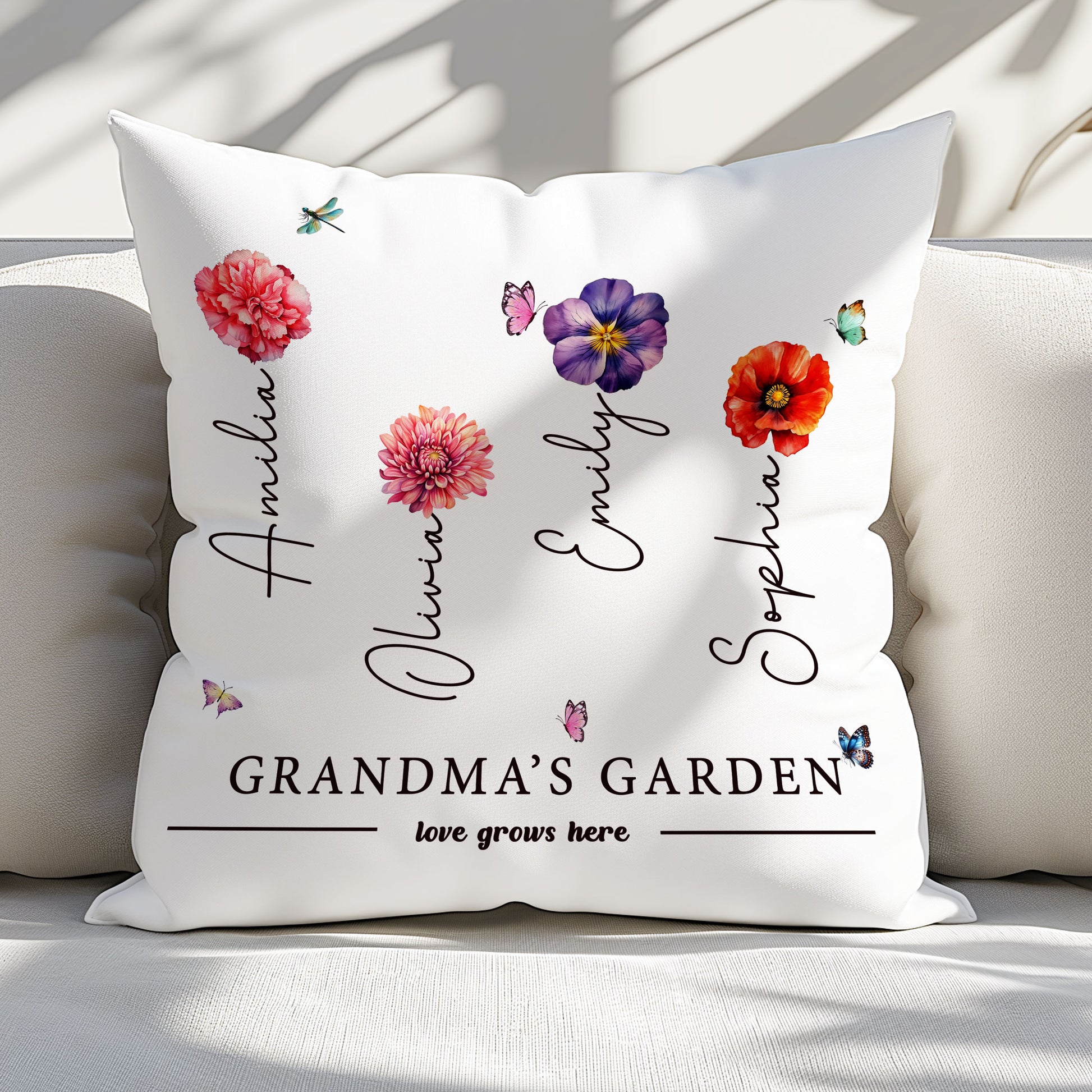 Personalized birth flower pillow with grandchild's name

