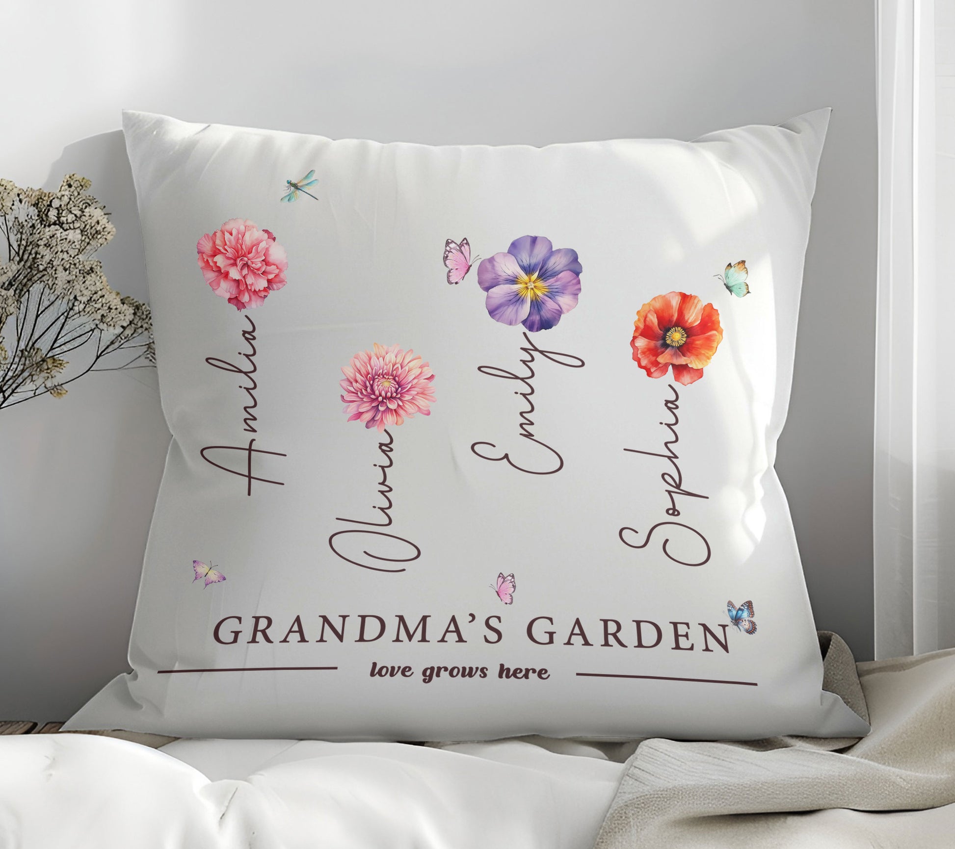 Personalized floral pillow for Grandma with Kid's Name - gift for Grandma