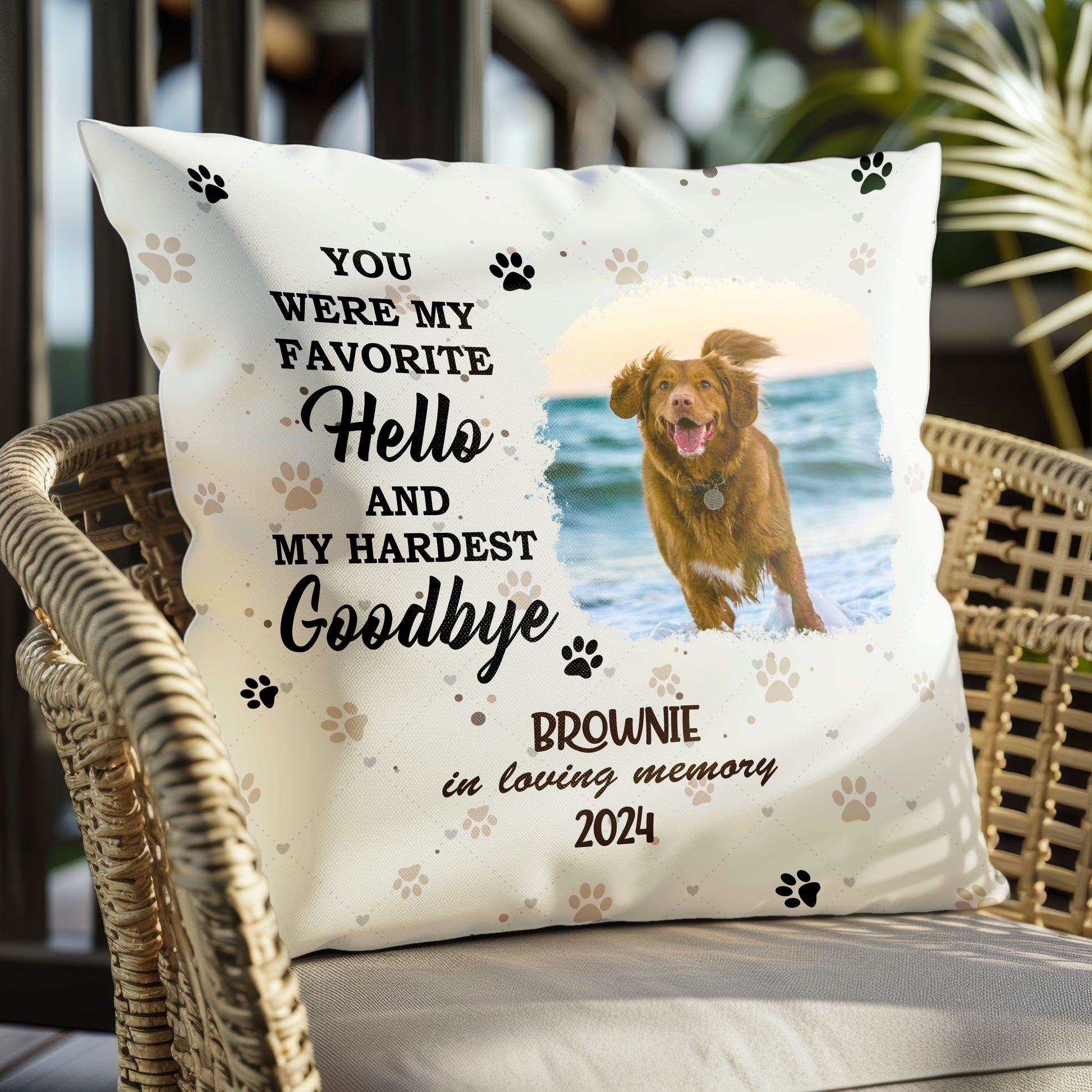 Pet Memorial Pillow with "Favorite Hello Hardest Goodbye" Quote

