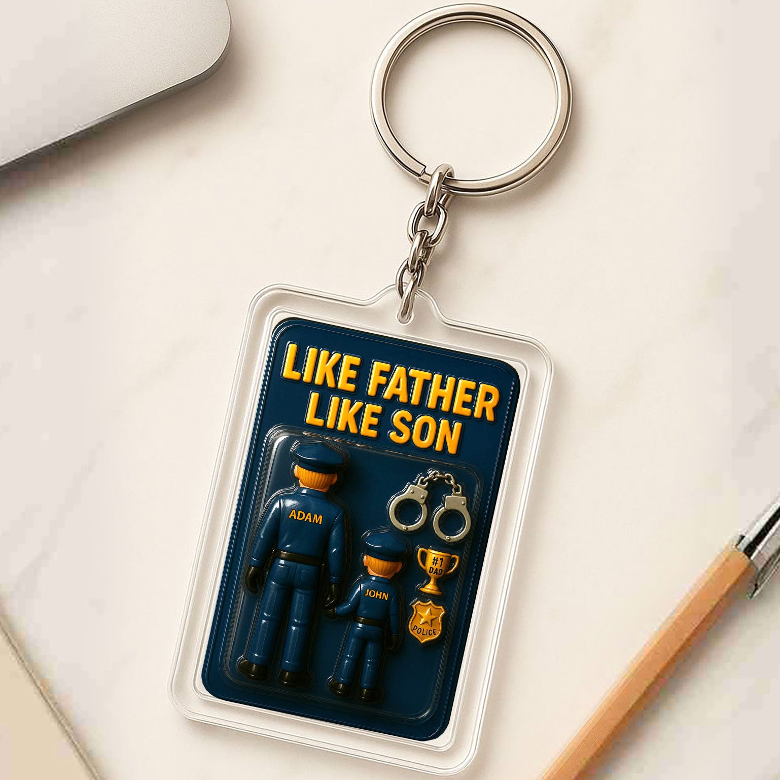 Police Officer Dad and Son Father's Day 3D Keychain - Personalized Law Enforcement Gift