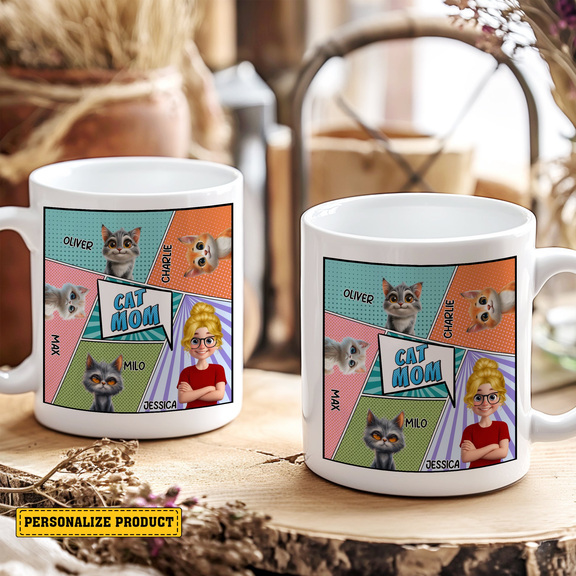 Personalized Cat Mom Comic Book Style Mug - Pow! Wham! Purr! Custom Cat Mom Personalized Comic Mug