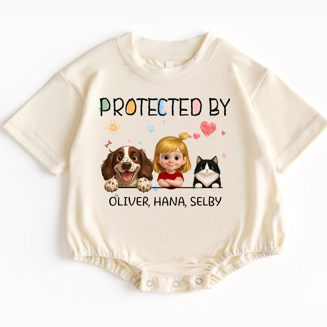 "Protected By" Personalized Baby Bodysuit - Custom Dog, Cat, Sibling Names