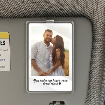 Romantic Personalized Gift for Couples – Custom Photo Car Visor Clip That Says "Drive Slow, Love Awaits at Home