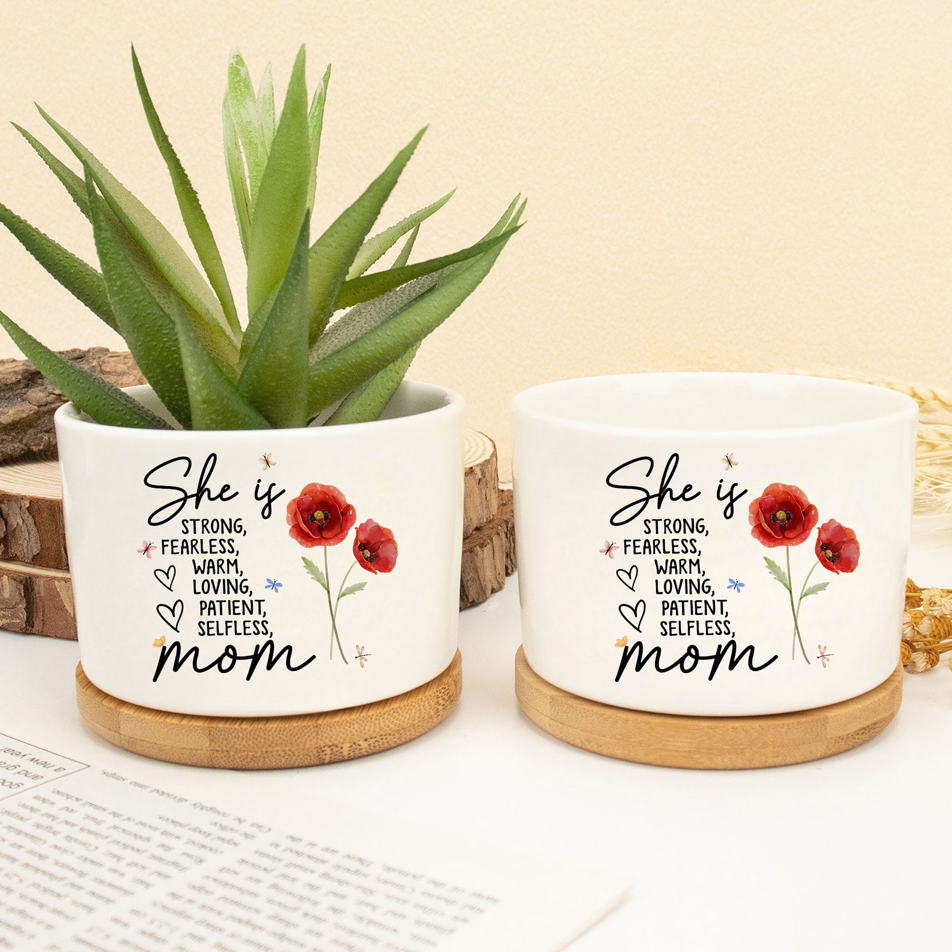 She Is Strong Fearless Warm Loving Patient Selfless Birth Flower Personalized Ceramic Plant Pot.