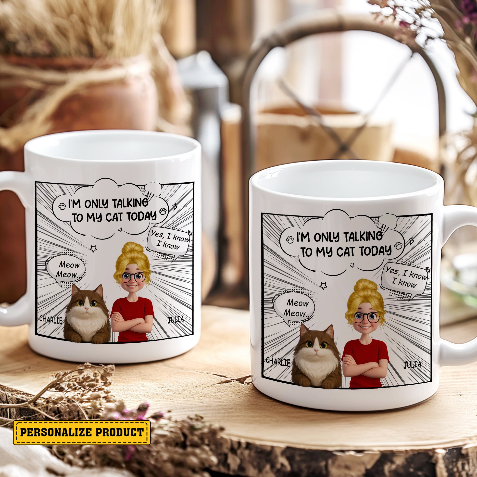 I'm Only Talking To My Cat Today - Talking To Cats Mug - Personalized Comic Style Mug for Cat Mom