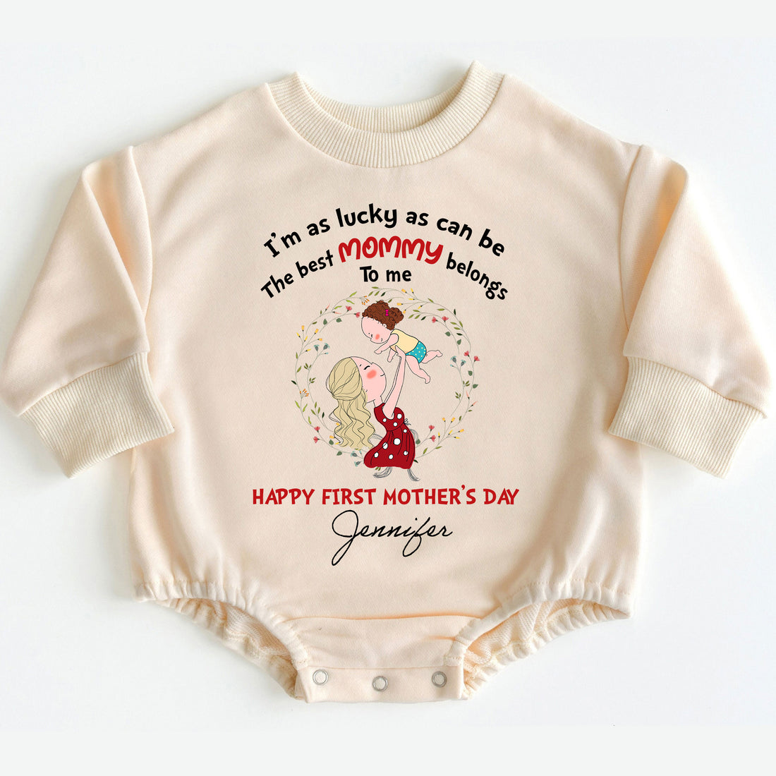 Make her very first Mother's Day an absolutely, unequivocally extraordinary, deeply meaningful, and truly unforgettable experience with the 'I'm As Lucky As Can Be The Best Mommy Belongs To Me - Happy Our First Mother's Day' Romper Baby Bodysuit. 
