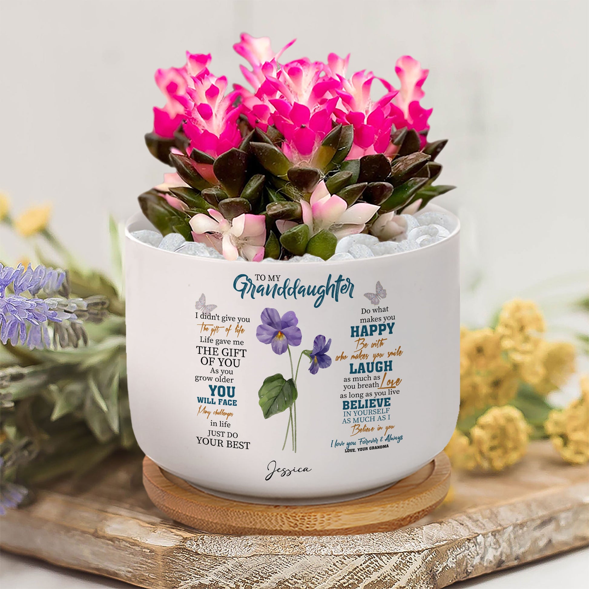 To My Granddaughter: A Birth Flower Personalized Plant Pot to Celebrate You