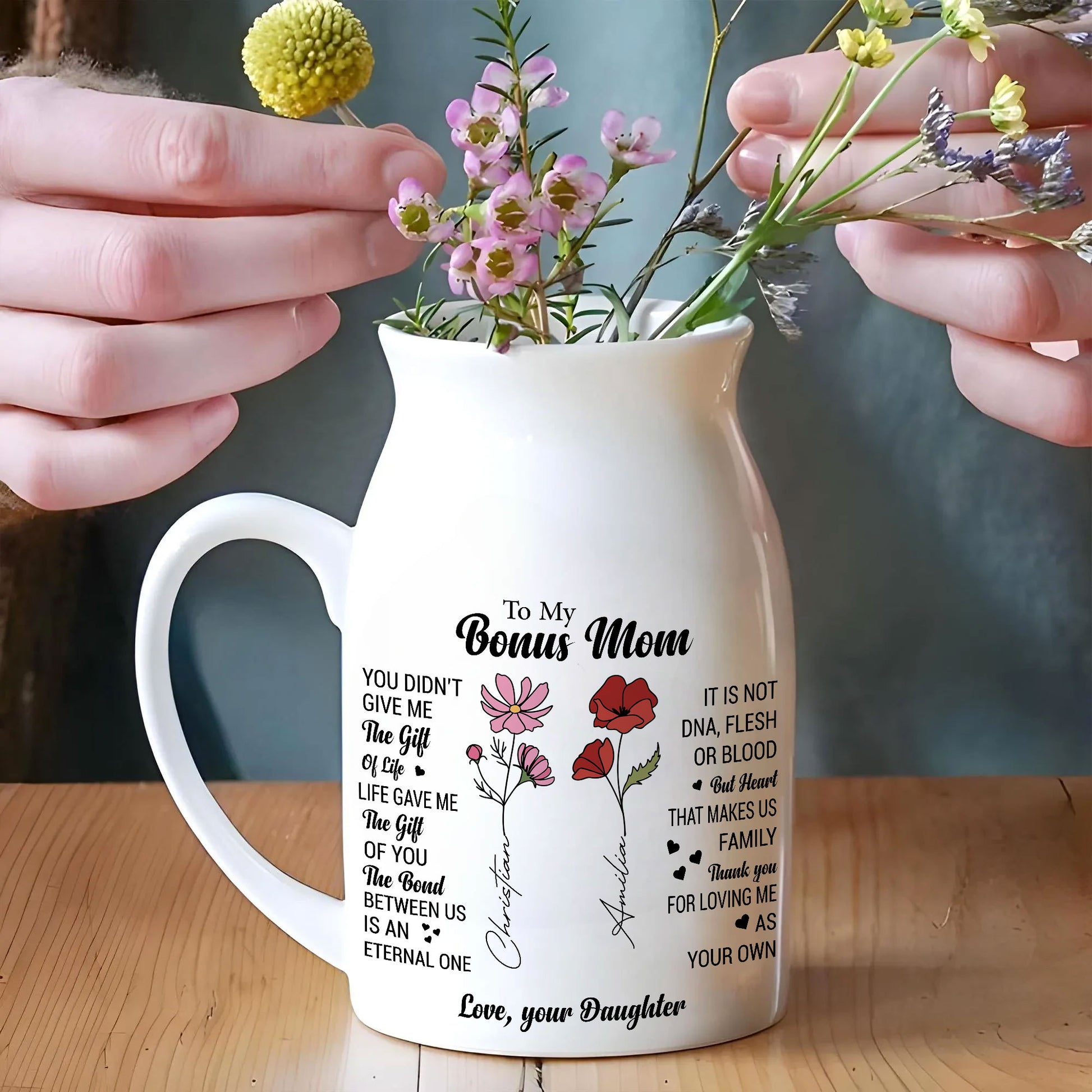 To my Bonus Mom Birth Flower Personalized Ceramic Vase, Custom Grandma Gift, Custom Mother's Day Gift