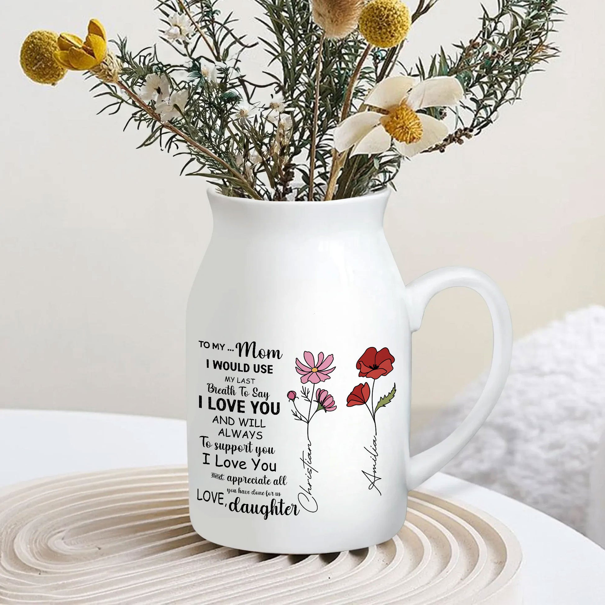 To my Mom Birth Flower Personalized Ceramic Vase, Custom Mother's Day Gift, Personalized Birth Flower Gift With Special Message