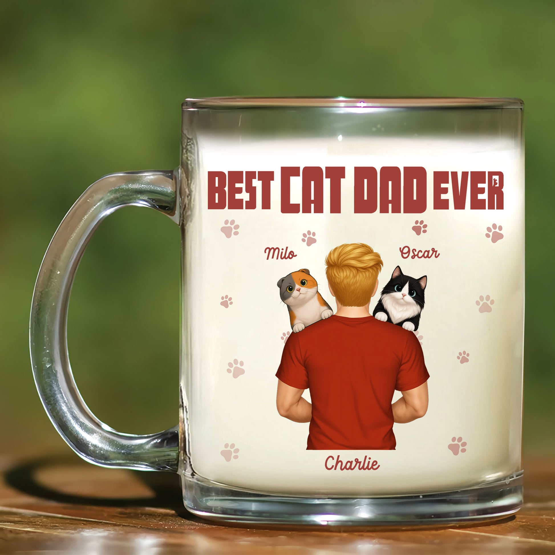 Unique Cat Dad Portrait Glass Mug: Personalized with Names! "Best Cat Dad Ever" Keepsake for the Ultimate Cat Lover