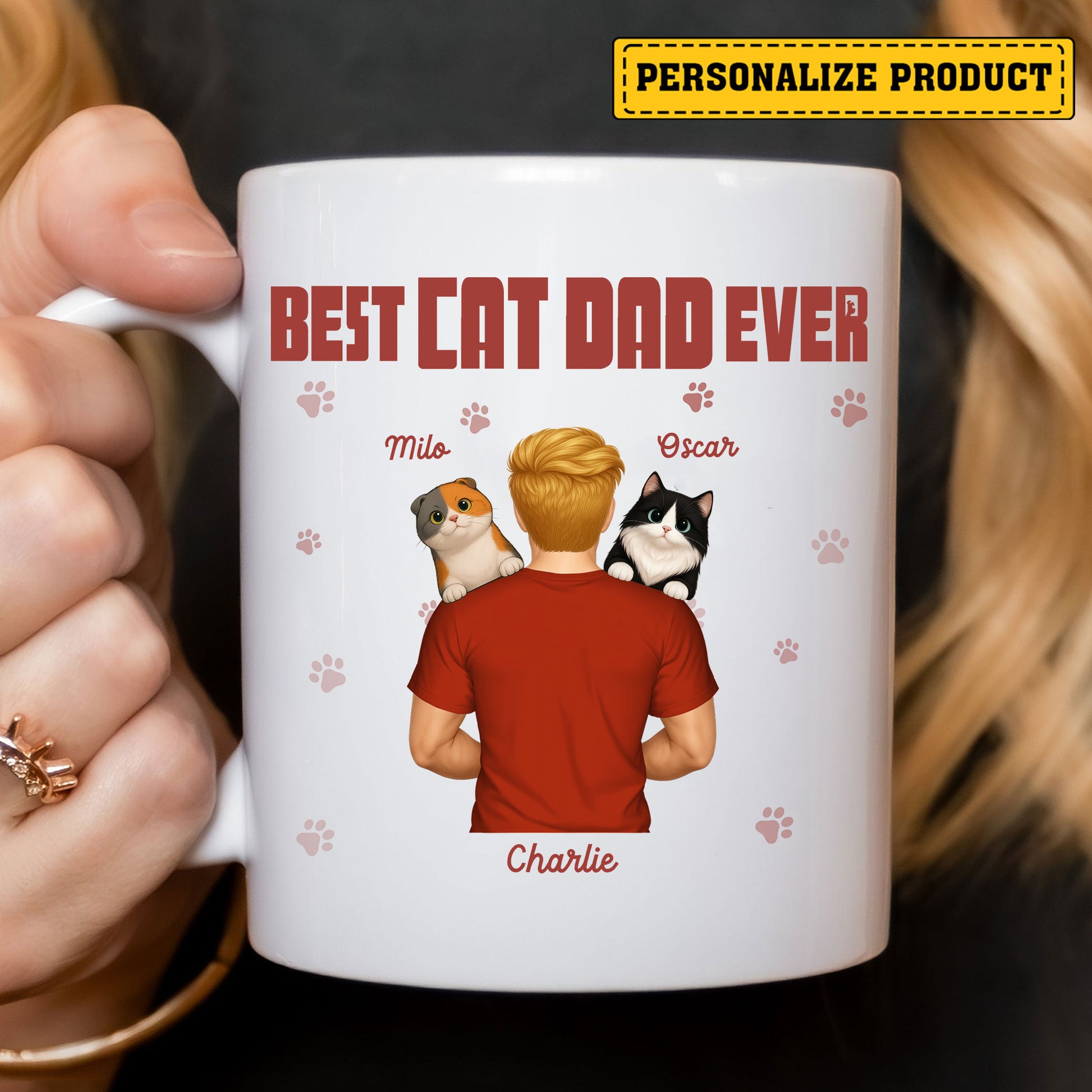 Unique Cat Dad Portrait Mug: Personalized with Names! "Best Cat Dad Ever" Gift for the Ultimate Cat Lover. Order Today