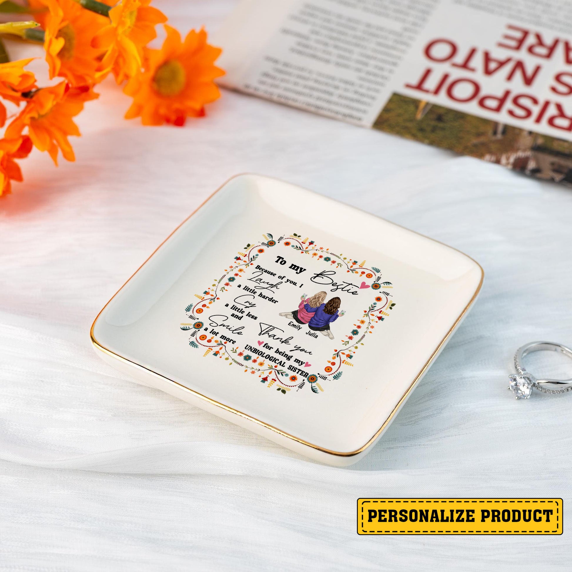 Personalized Besties Jewelry Dish, Thank You For Being My Unbiological Sister, Trinket Dish Jewelry Holder Gift For Friends Sisters Wedding - LuthCreative
