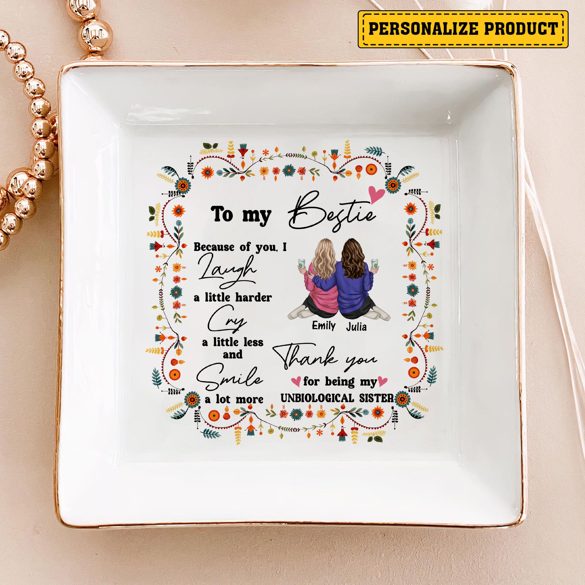 Personalized Besties Jewelry Dish, Thank You For Being My Unbiological Sister, Trinket Dish Jewelry Holder Gift For Friends Sisters Wedding - LuthCreative